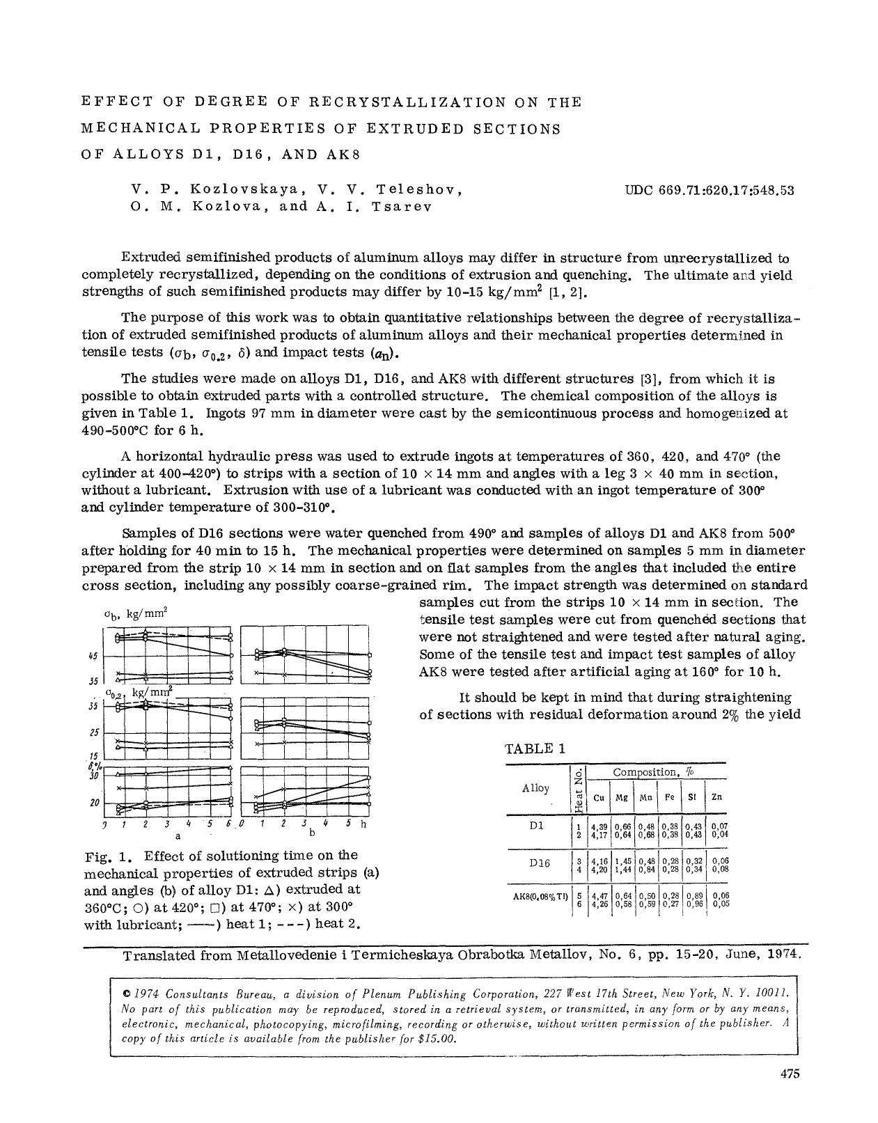 Effect of degree of recrystallization on the mechanical properties of extruded sections of alloys D1, D16, and AK8 by Unknown
