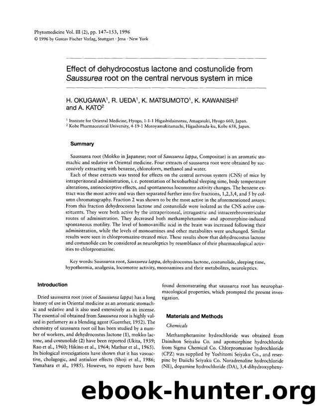Effect of dehydrocostus lactone and costunolide from Saussurea root on the central nervous system in mice by H. Okugawa & R. Ueda & K. Matsumoto & K. Kawanishi & A. Kato