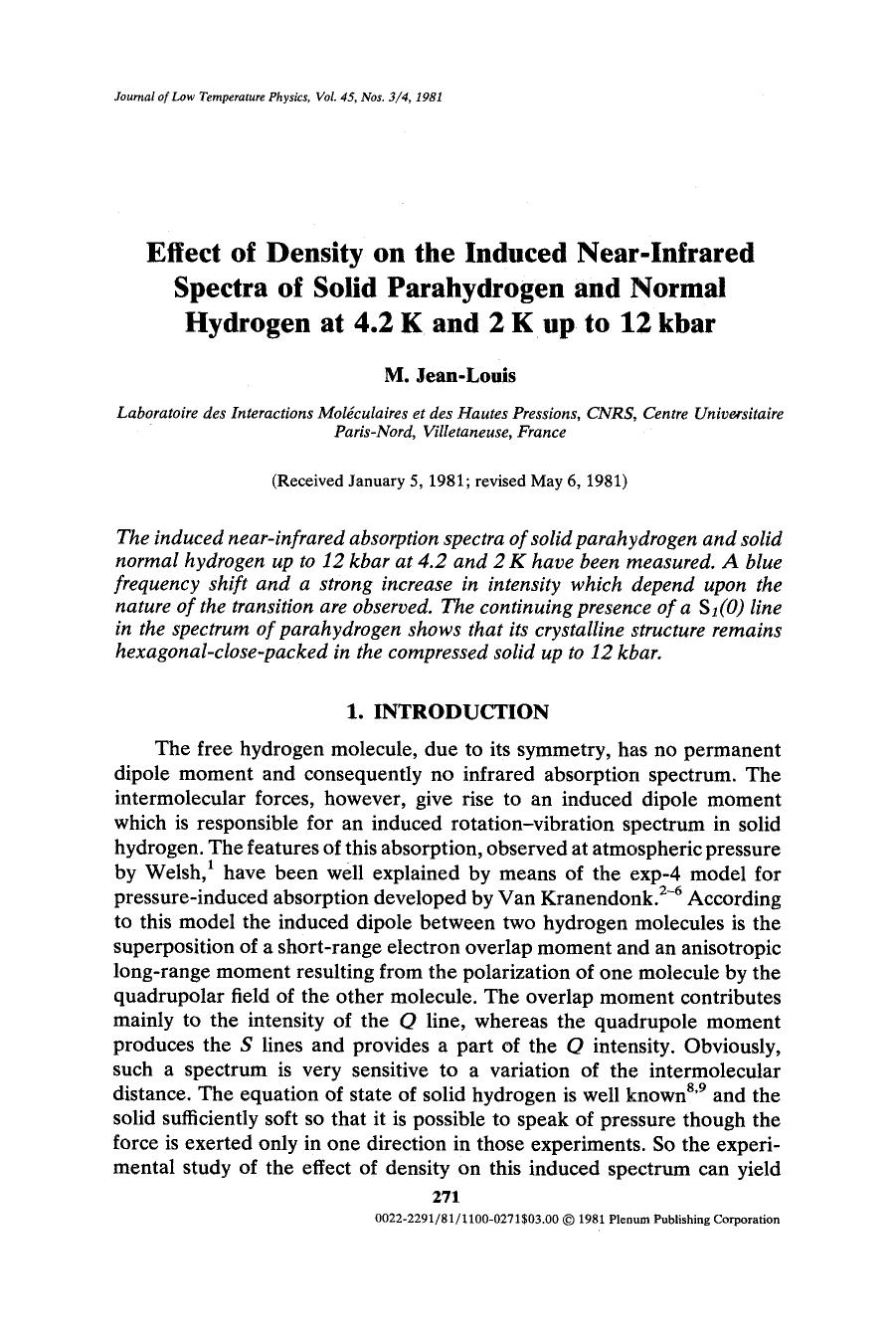 Effect of density on the induced near-infrared spectra of solid parahydrogen and normal hydrogen at 4.2 K and 2 K up to 12 kbar by Unknown