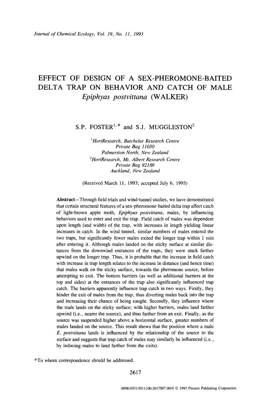 Effect of design of a sex-pheromone-baited delta trap on behavior and catch of male <Emphasis Type="Italic">Epiphyas postvittana <Emphasis> (Walker) by Unknown