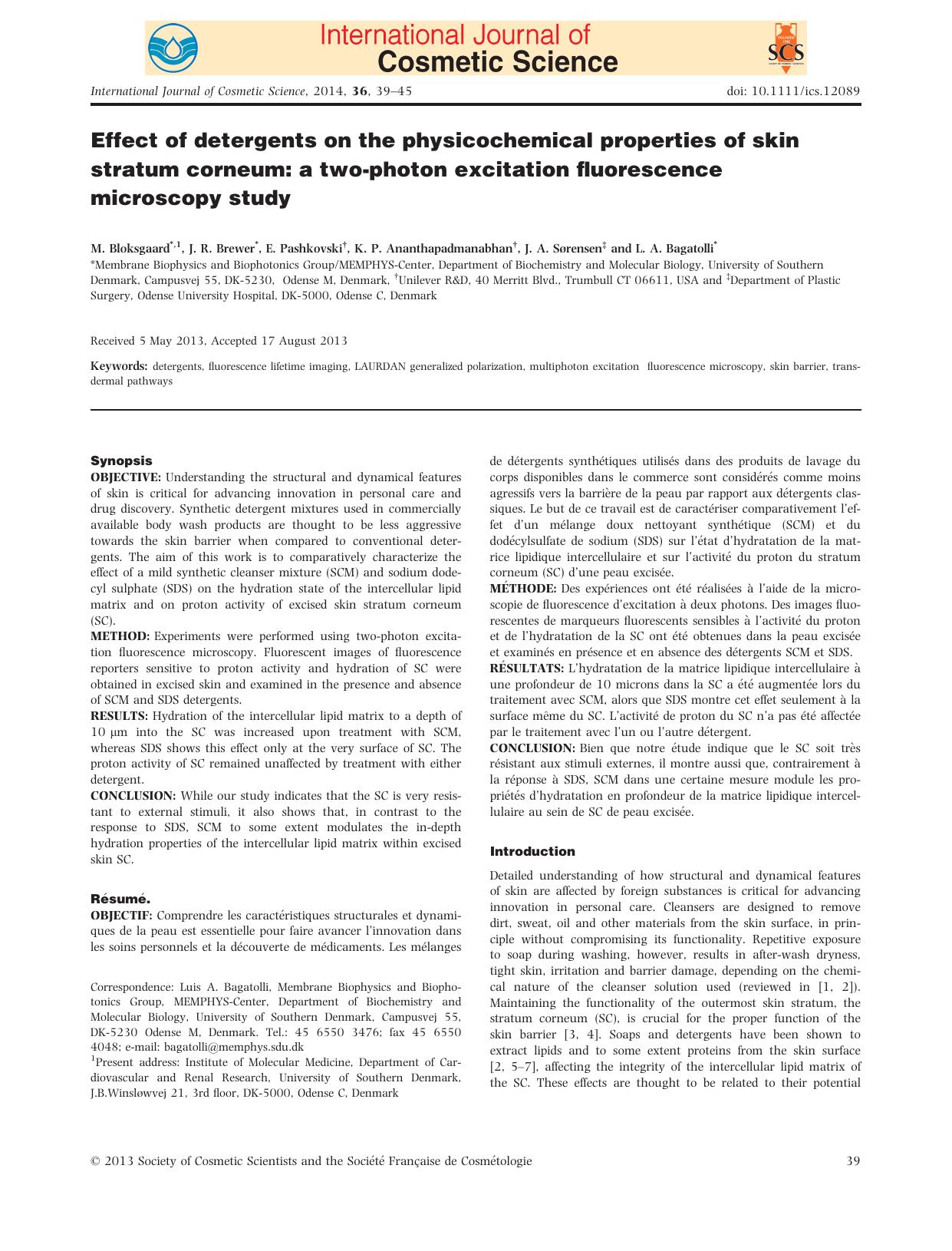 Effect of detergents on the physicochemical properties of skin stratum corneum: a twophoton excitation fluorescence microscopy study by Unknown