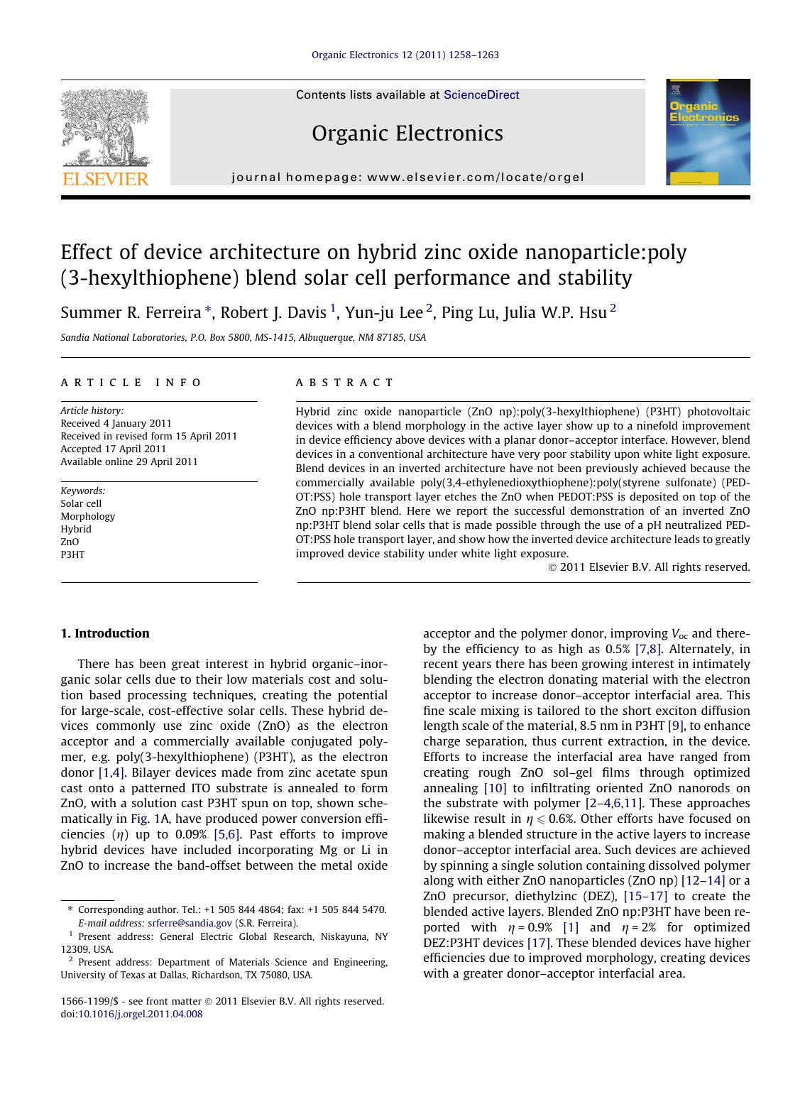 Effect of device architecture on hybrid zinc oxide nanoparticle:poly(3-hexylthiophene) blend solar cell performance and stability by Summer R. Ferreira & Robert J. Davis & Yun-ju Lee & Ping Lu & Julia W.P. Hsu