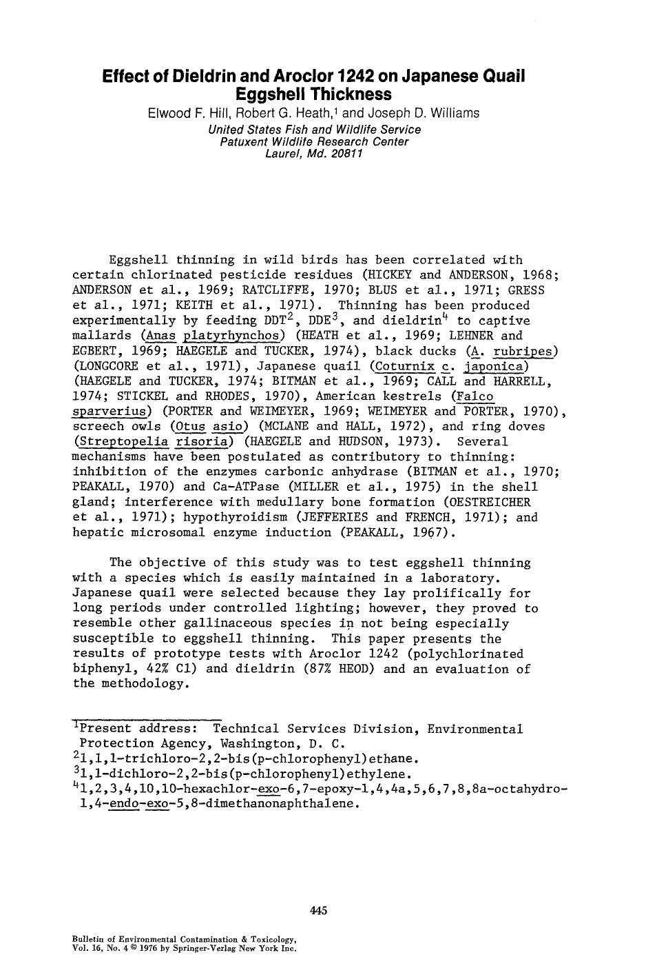 Effect of dieldrin and aroclor 1242 on Japanese quail eggshell thickness by Unknown