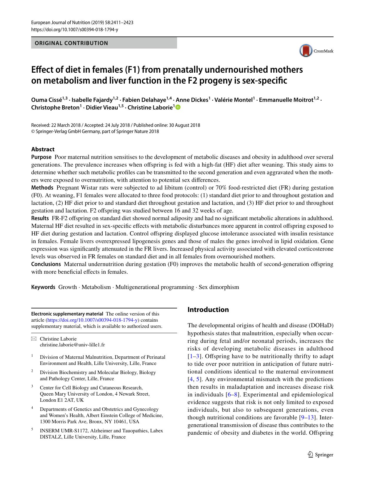 Effect of diet in females (F1) from prenatally undernourished mothers on metabolism and liver function in the F2 progeny is sex-specific by Ouma Cissé
