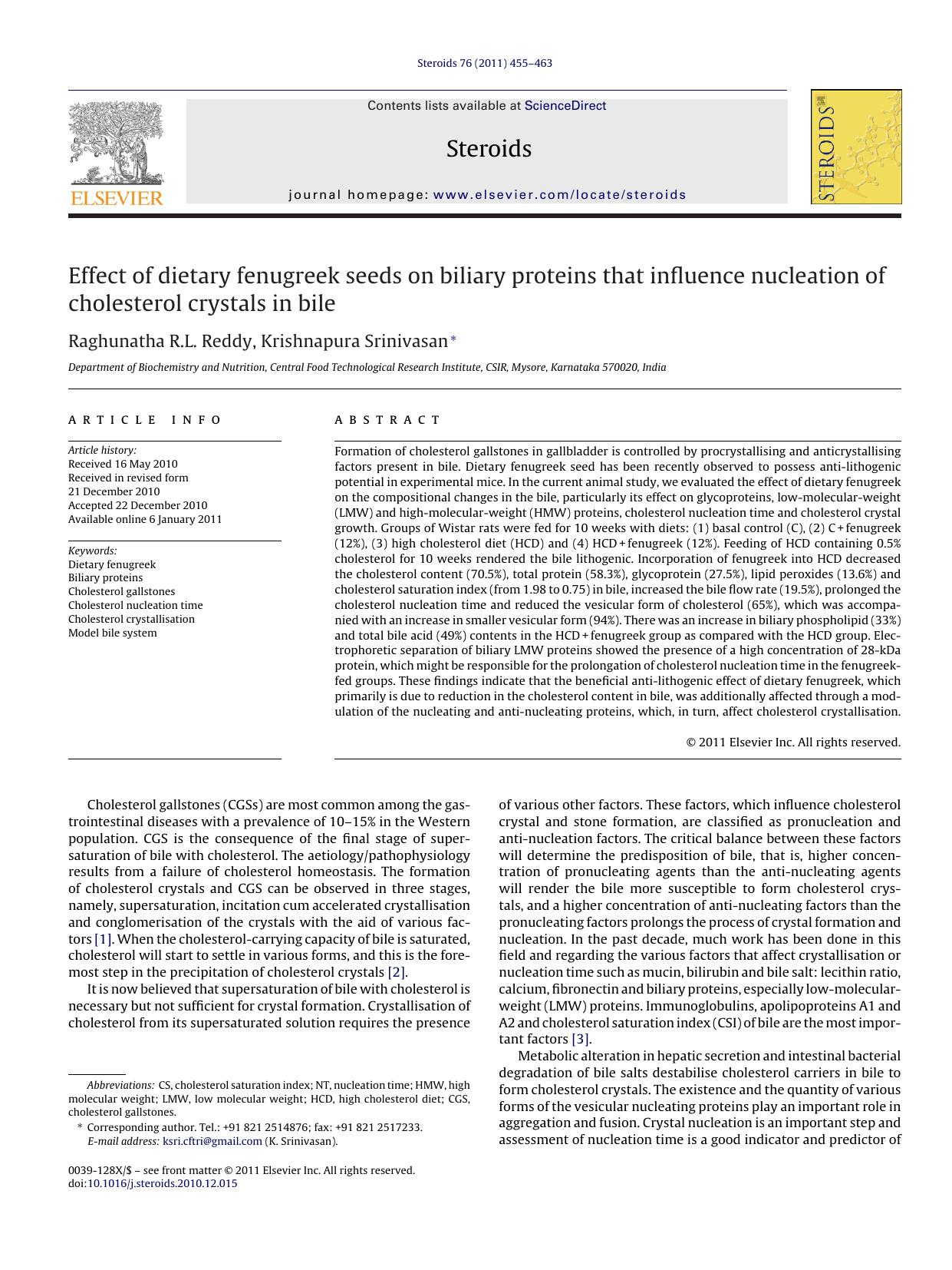 Effect of dietary fenugreek seeds on biliary proteins that influence nucleation of cholesterol crystals in bile by Raghunatha R.L. Reddy