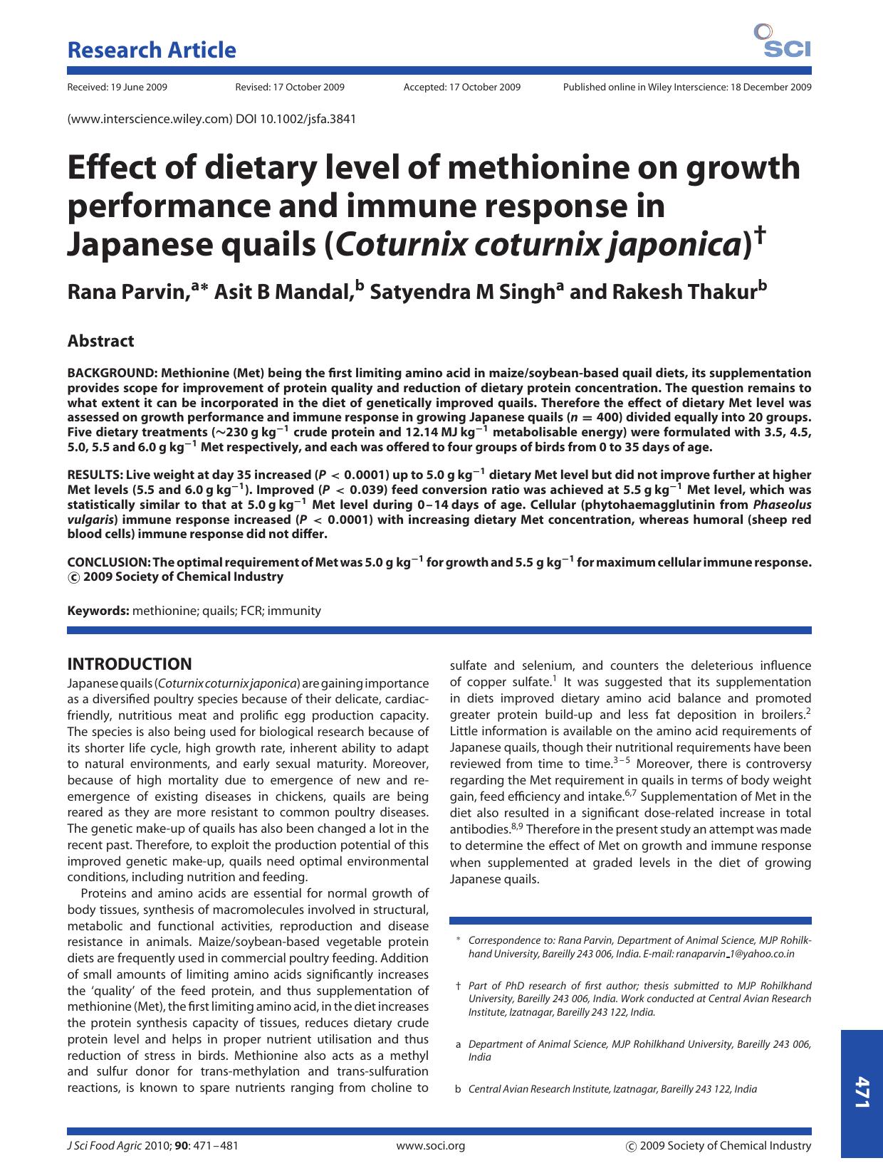 Effect of dietary level of methionine on growth performance and immune response in Japanese quails (Coturnix coturnix japonica) by Unknown