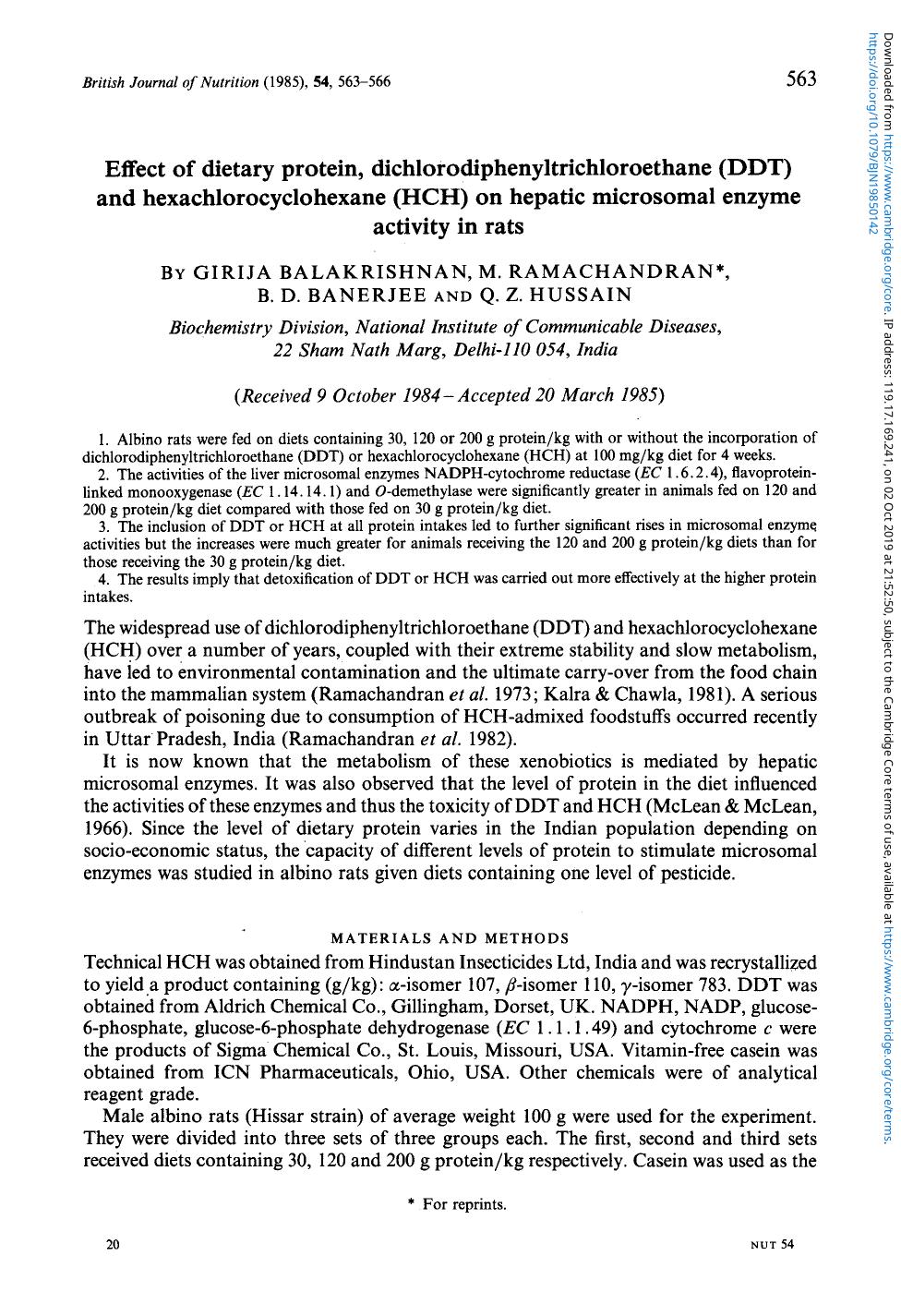 Effect of dietary protein, dichlorodiphenyltrichloroethane (DDT) and hexachlorocyclohexane (HCH) on hepatic microsomal enzyme activity in rats by Girija Balakrishnan M. Ramachandran B. D. Banerjee & Q. Z. Hussain