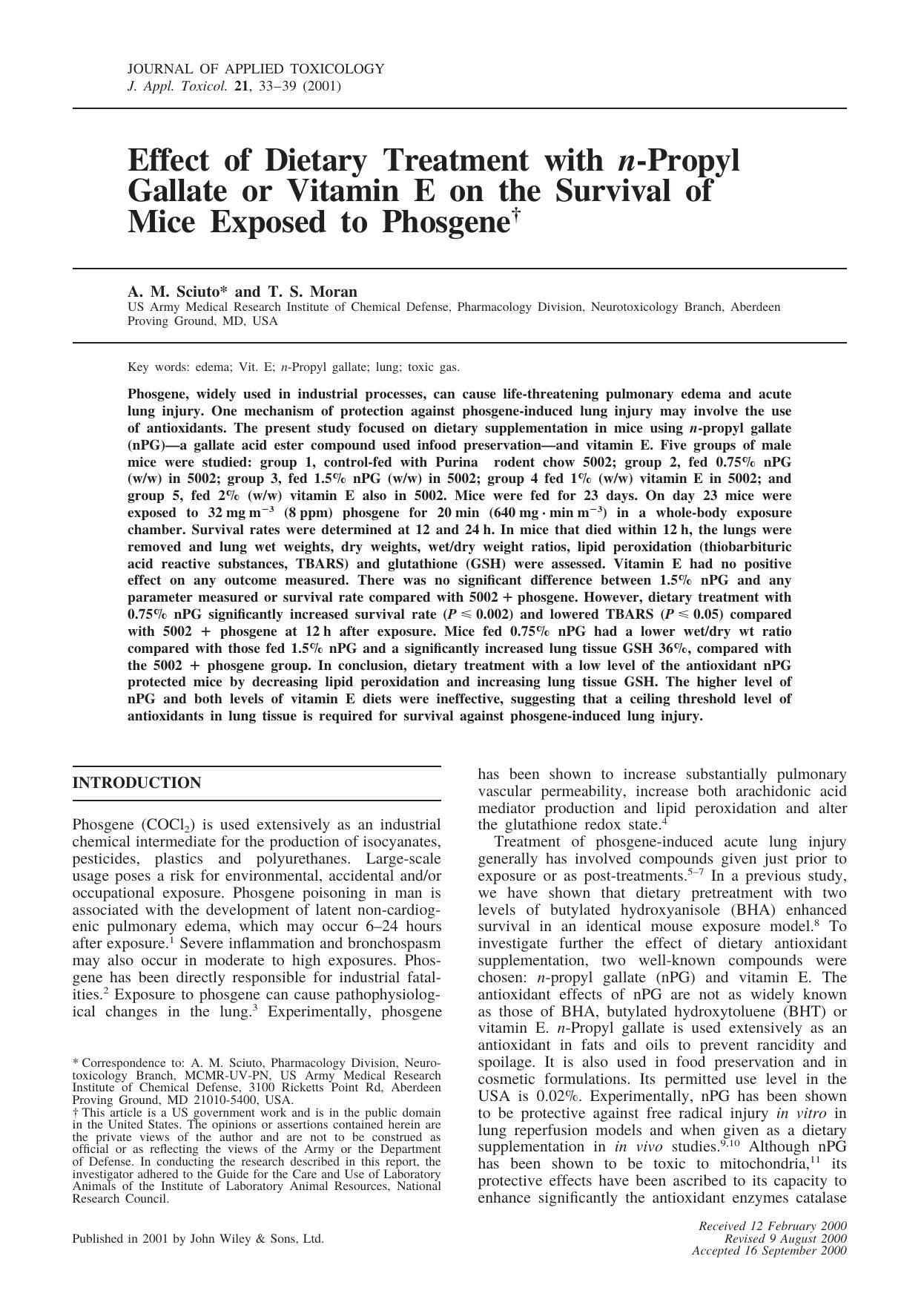 Effect of dietary treatment with n-propyl gallate or vitamin E on the survival of mice exposed to phosgene by Unknown