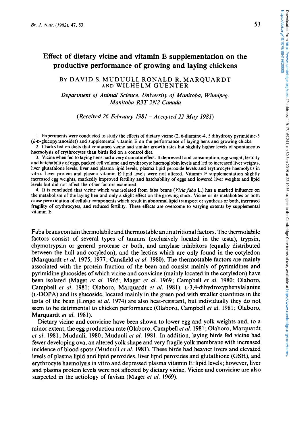 Effect of dietary vicine and vitamin E supplementation on the productive performance of growing and laying chickens by David S. Muduuli Ronald R. Marquardt & Wilhelm Guenter