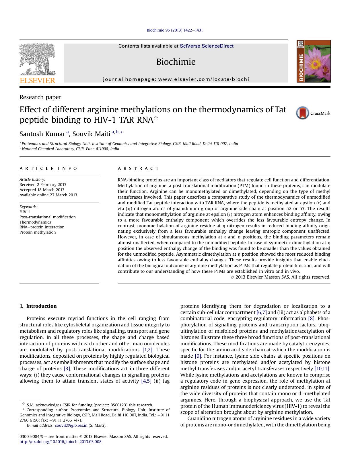 Effect of different arginine methylations on the thermodynamics of Tat peptide binding to HIV-1 TAR RNA by Santosh Kumar & Souvik Maiti