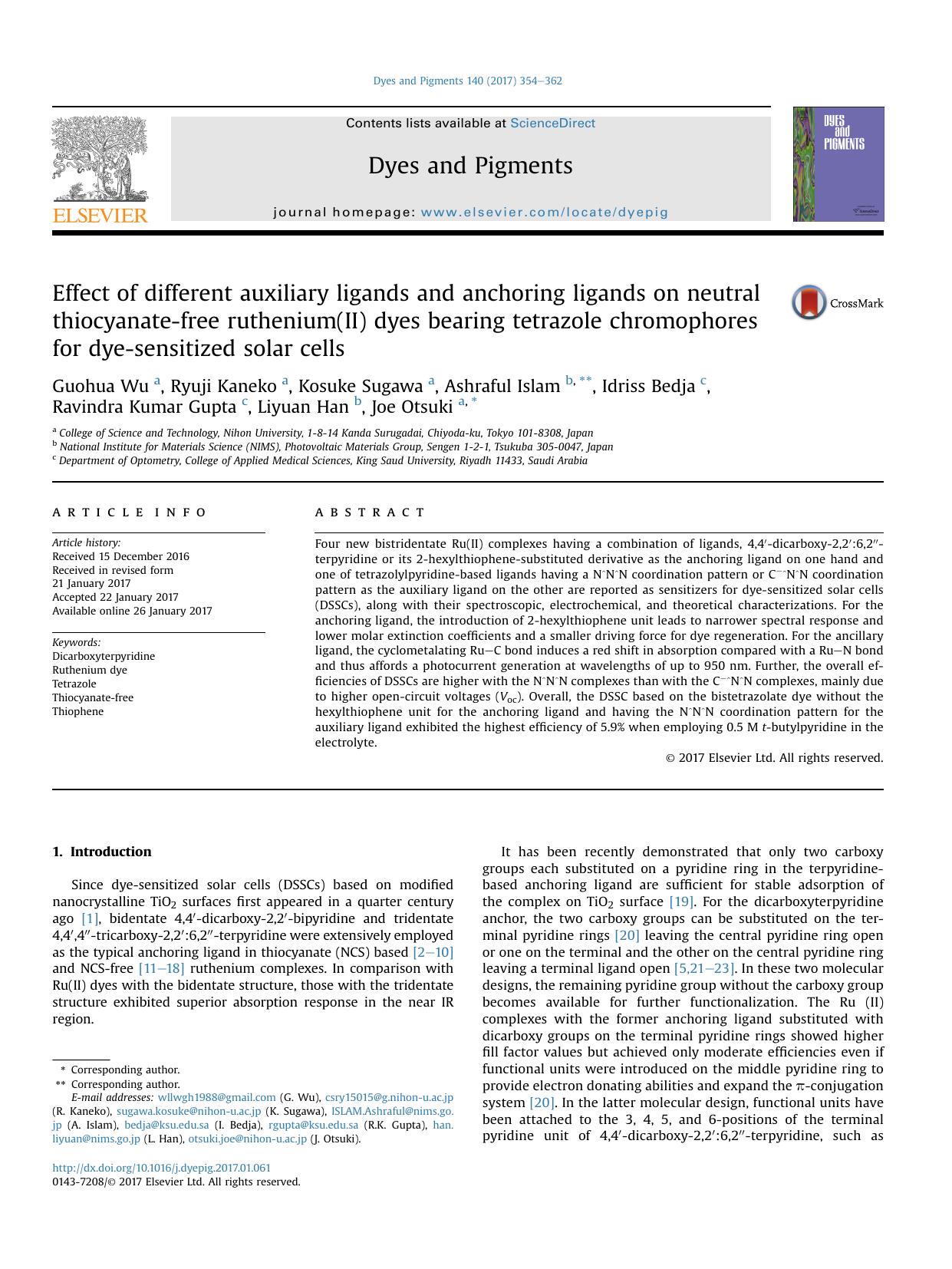 Effect of different auxiliary ligands and anchoring ligands on neutral thiocyanate-free ruthenium(II) dyes bearing tetrazole chromophores for dye-sensitized solar cells by unknow