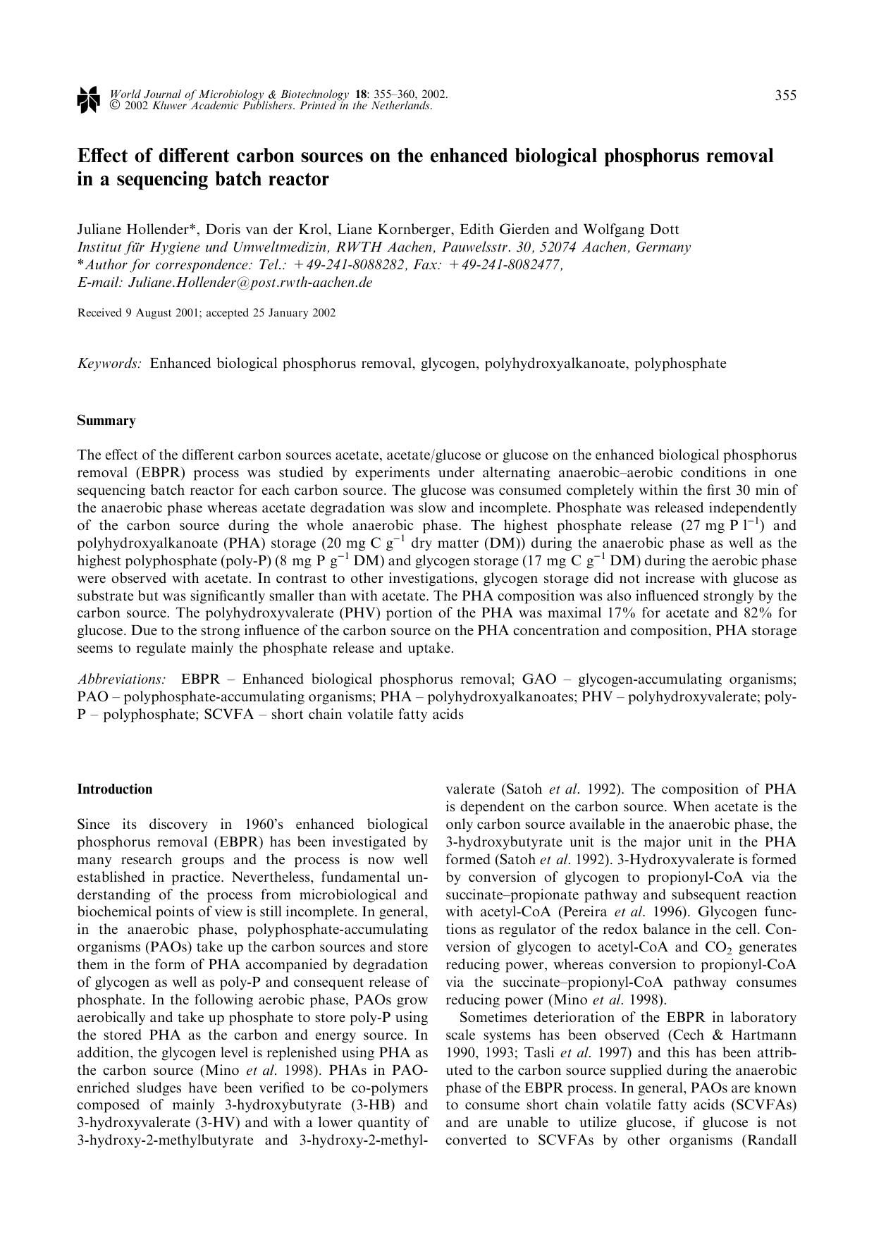 Effect of different carbon sources on the enhanced biological phosphorus removal in a sequencing batch reactor by Unknown