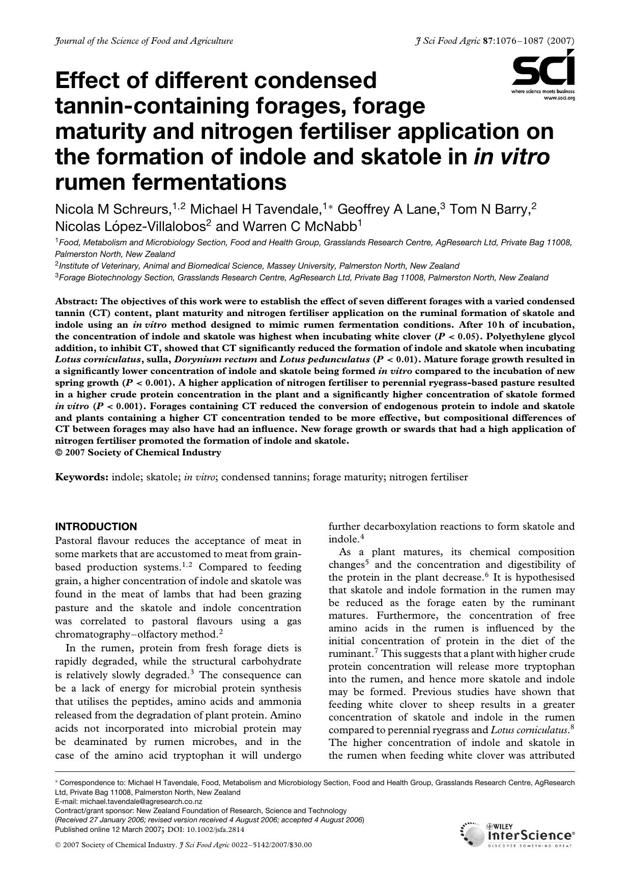 Effect of different condensed tannin-containing forages, forage maturity and nitrogen fertiliser application on the formation of indole and skatole in in vitro rumen fermentations by Unknown