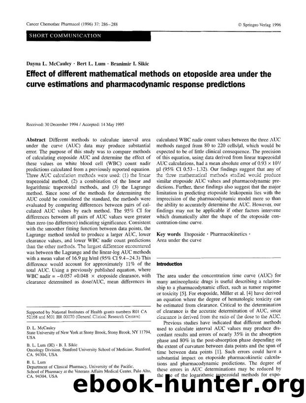 Effect of different mathematical methods on etoposide area under the curve estimations and pharmacodynamic response predictions by Unknown