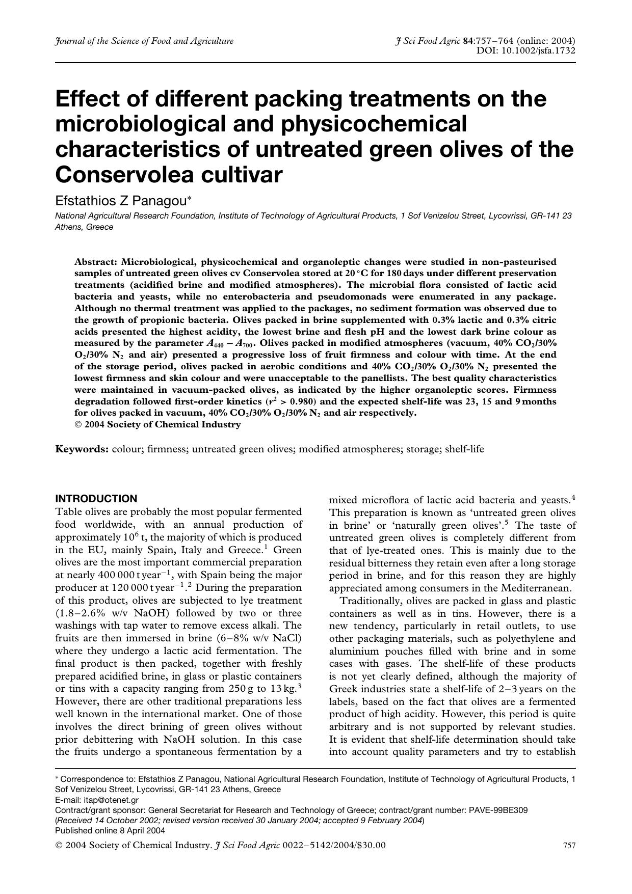 Effect of different packing treatments on the microbiological and physicochemical characteristics of untreated green olives of the Conservolea cultivar by Unknown