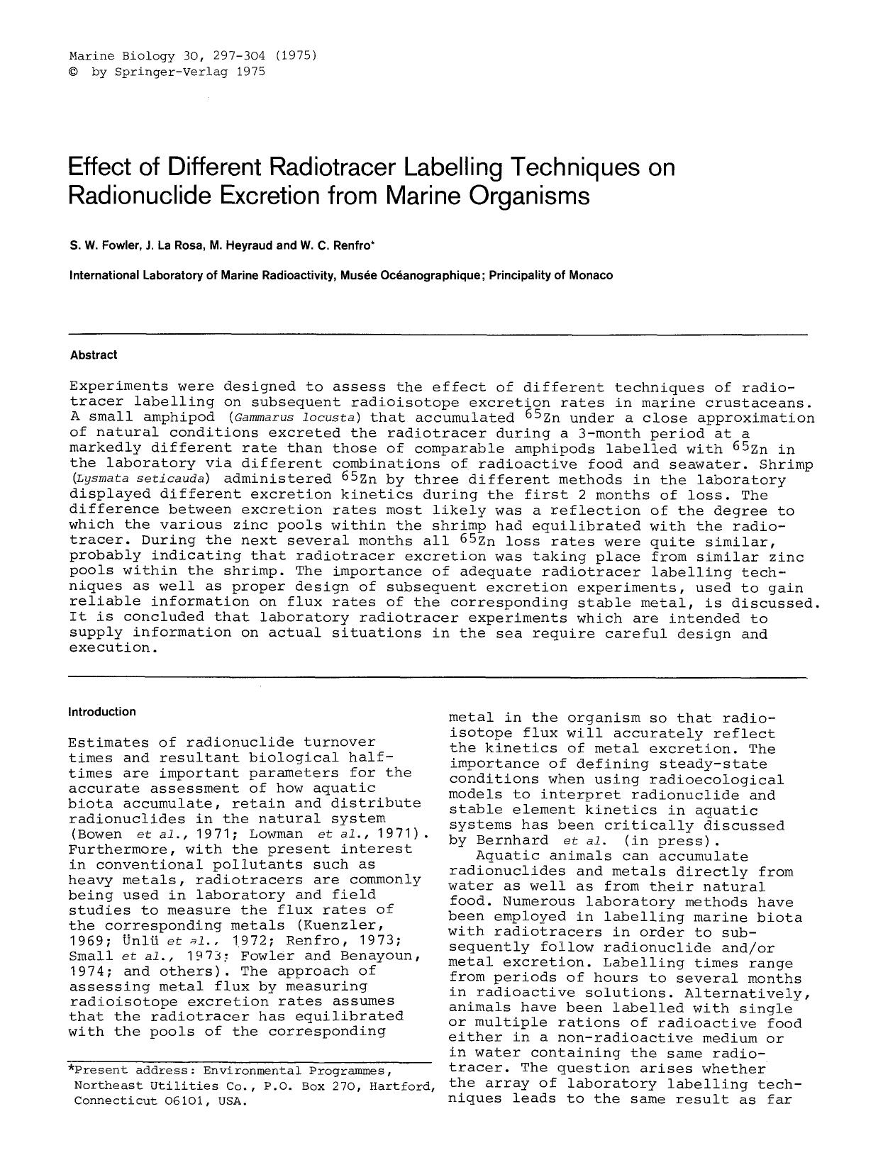 Effect of different radiotracer labelling techniques on radionuclide excretion from marine organisms by Unknown