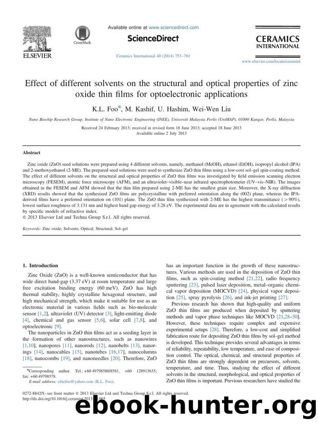 Effect of different solvents on the structural and optical properties of zinc oxide thin films for optoelectronic applications by K.L. Foo & M. Kashif & U. Hashim & Wei-Wen Liu