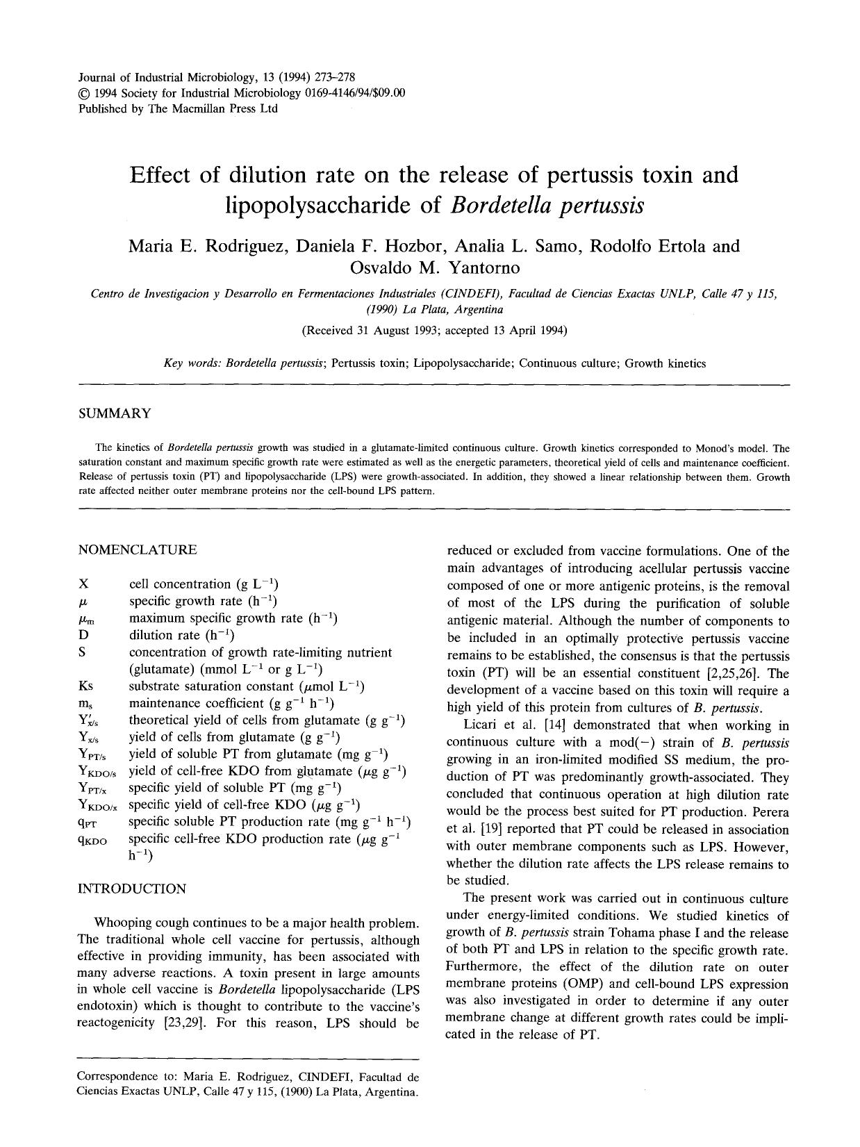 Effect of dilution rate on the release of pertussis toxin and lipopolysaccharide of <Emphasis Type="Italic">Bordetella pertussis <Emphasis> by Unknown