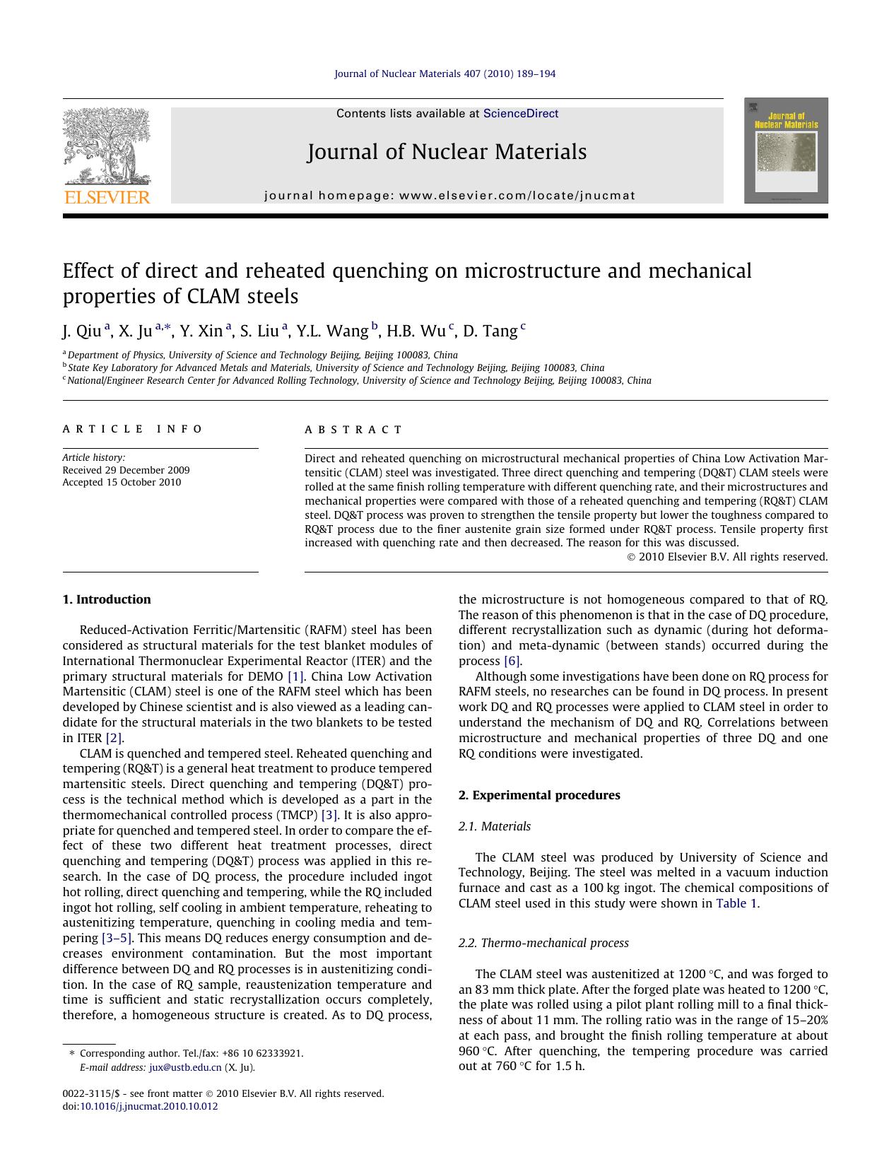 Effect of direct and reheated quenching on microstructure and mechanical properties of CLAM steels by J. Qiu & X. Ju & Y. Xin & S. Liu & Y.L. Wang & H.B. Wu & D. Tang