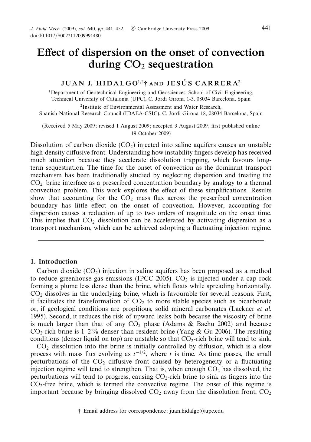 Effect of dispersion on the onset of convection during CO2 sequestration by JUAN J. HIDALGO JESÚS CARRERA