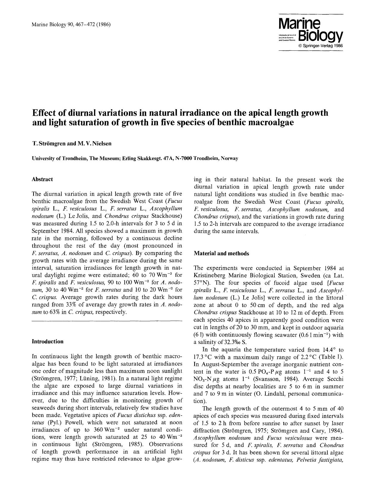 Effect of diurnal variations in natural irradiance on the apical length growth and light saturation of growth in five species of benthic macroalgae by Unknown
