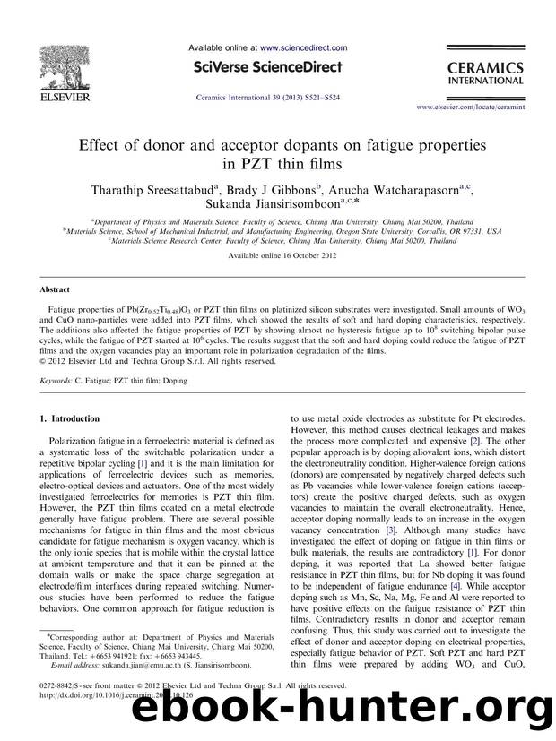Effect of donor and acceptor dopants on fatigue properties in PZT thin films by Tharathip Sreesattabud & Brady J Gibbons & Anucha Watcharapasorn & Sukanda Jiansirisomboon