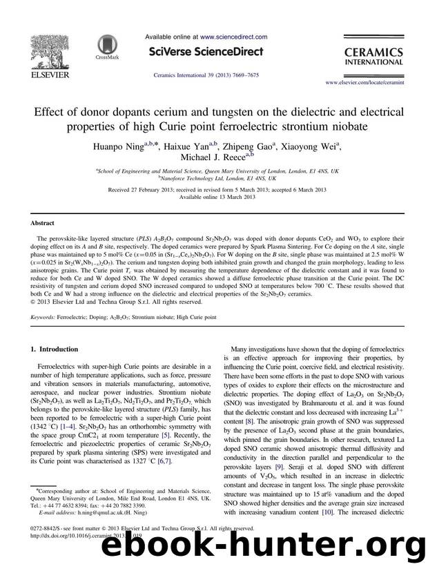 Effect of donor dopants cerium and tungsten on the dielectric and electrical properties of high Curie point ferroelectric strontium niobate by Huanpo Ning & Haixue Yan & Zhipeng Gao & Xiaoyong Wei & Michael J. Reece