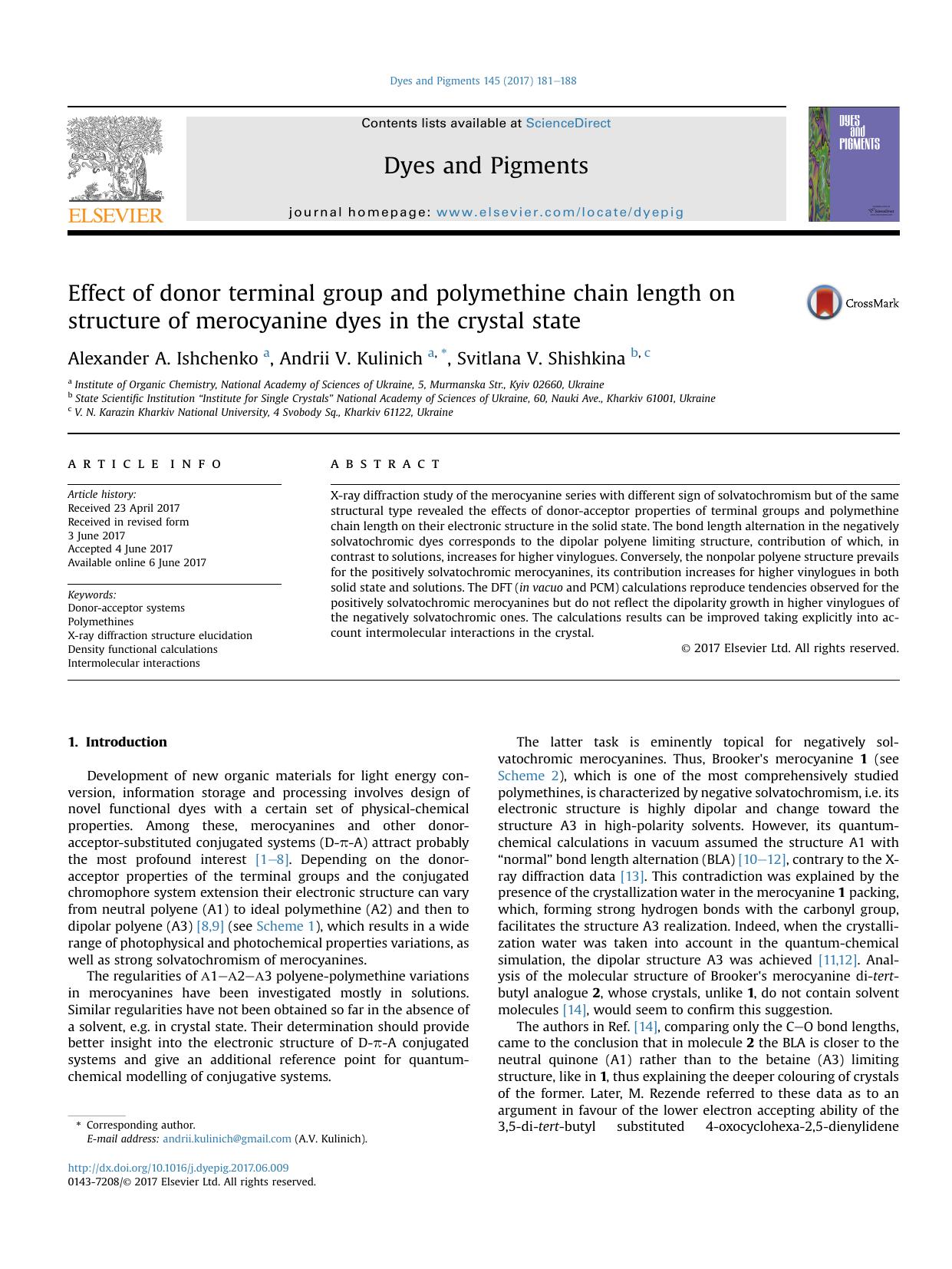 Effect of donor terminal group and polymethine chain length on structure of merocyanine dyes in the crystal state by Alexander A. Ishchenko & Andrii V. Kulinich & Svitlana V. Shishkina