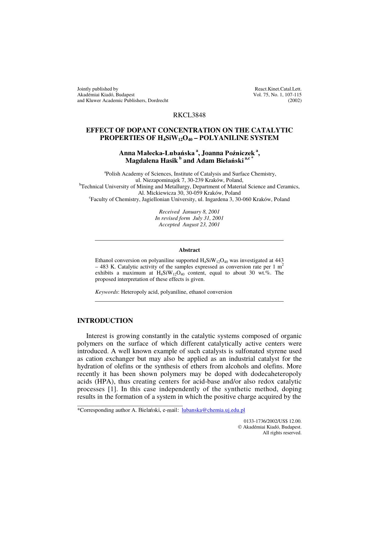 Effect of dopant concentration on the catalytic properties of H<Subscript>4<Subscript>SiW<Subscript>12<Subscript>O<Subscript>40<Subscript> &#x2013; polyaniline system by Unknown