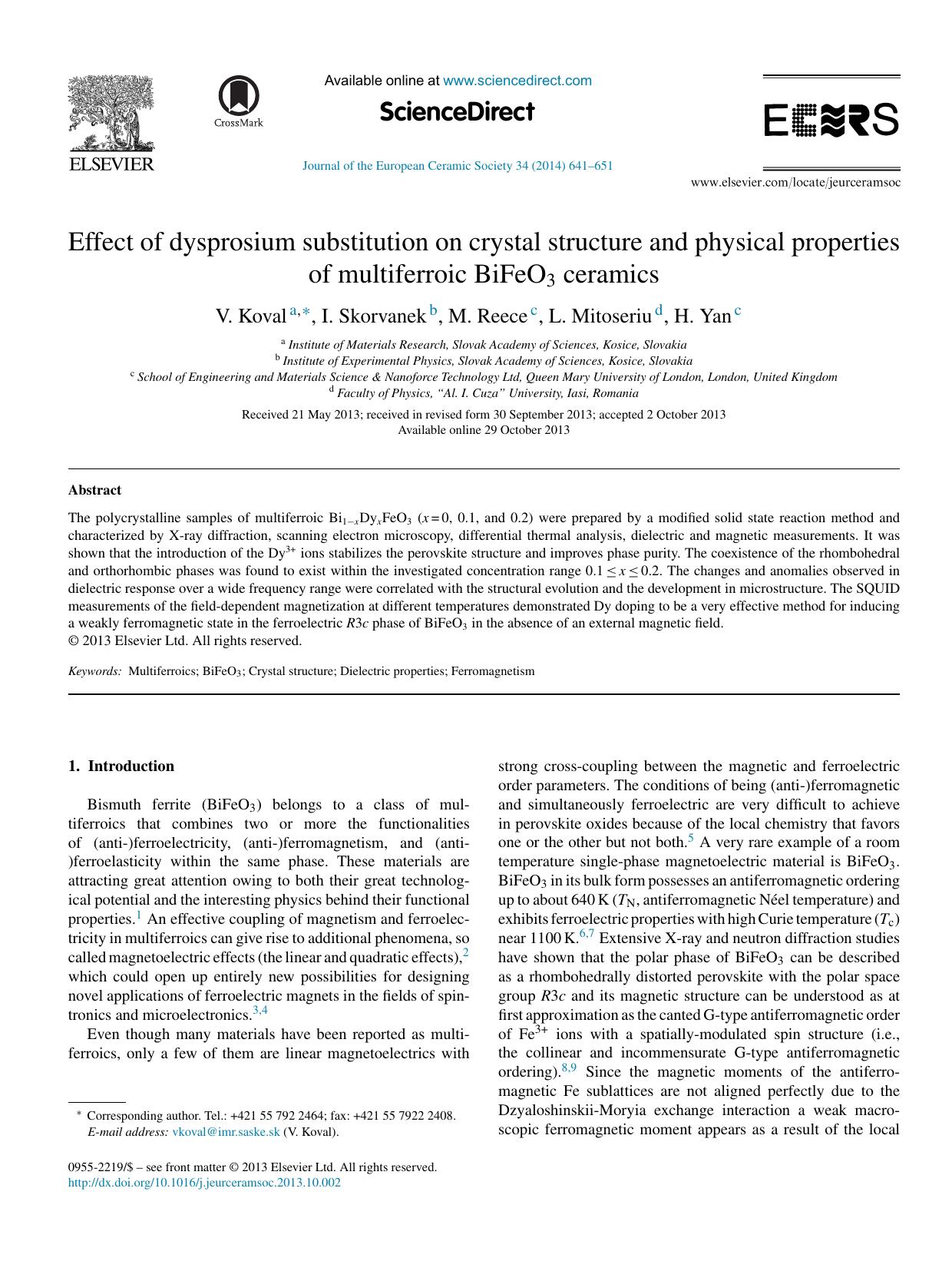 Effect of dysprosium substitution on crystal structure and physical properties of multiferroic BiFeO3 ceramics by V. Koval & I. Skorvanek & M. Reece & L. Mitoseriu & H. Yan