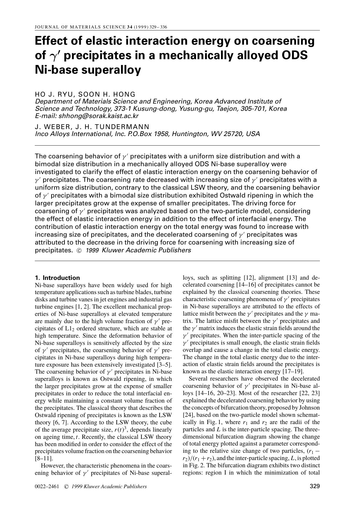 Effect of elastic interaction energy on coarsening of γ′ precipitates in a mechanically alloyed ODS Ni-base superalloy by Unknown
