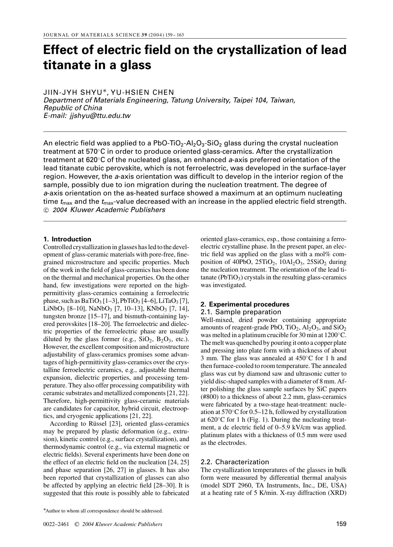 Effect of electric field on the crystallization of lead titanate in a glass by Unknown