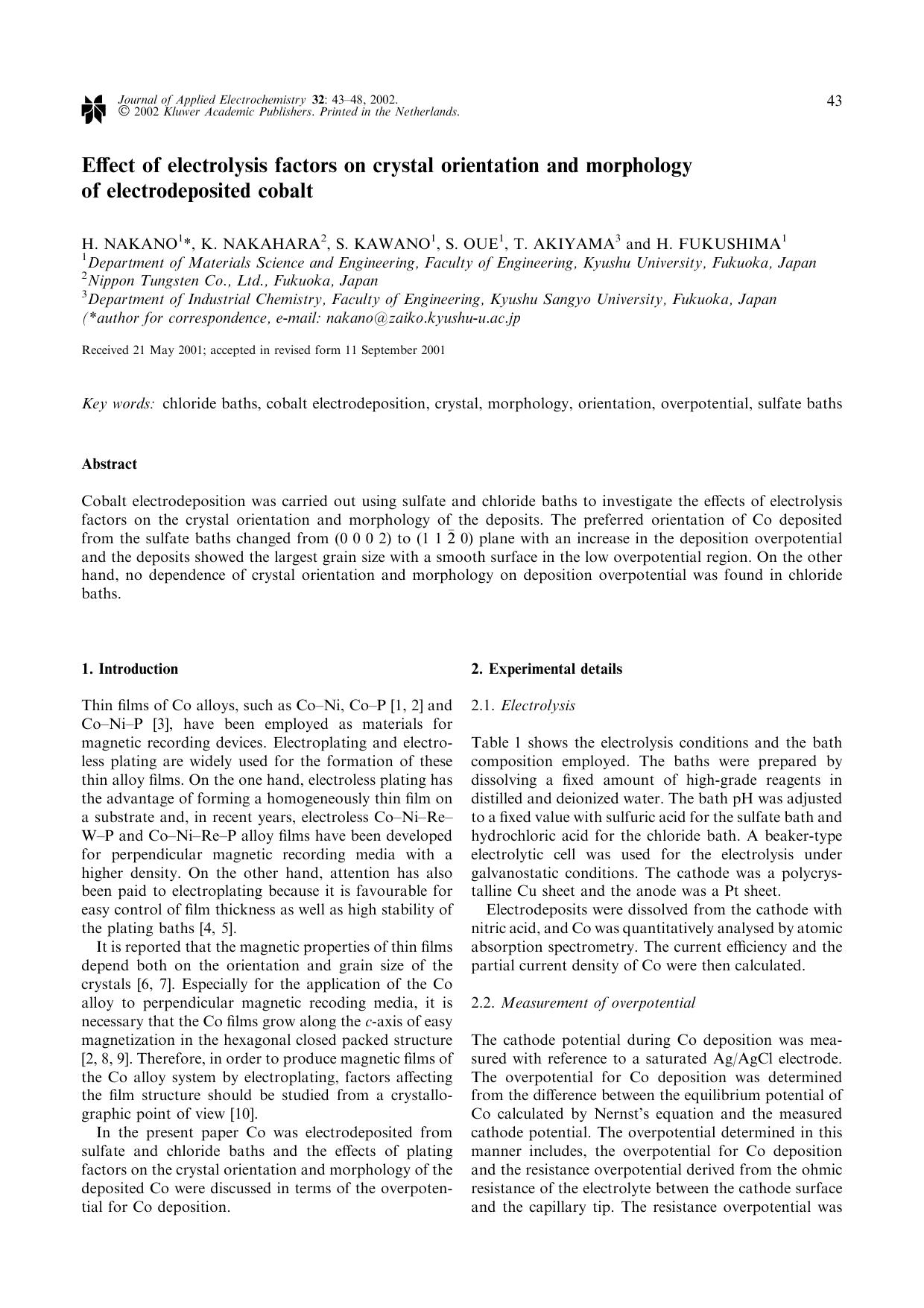 Effect of electrolysis factors on crystal orientation and morphology of electrodeposited cobalt by Unknown