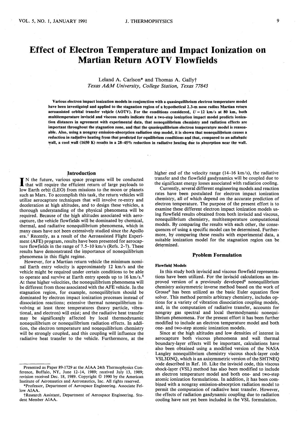 Effect of electron temperature and impact ionization on Martian return AOTV flowfields by Unknown