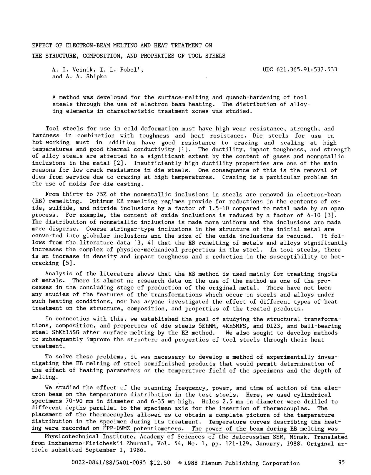 Effect of electron-beam melting and heat treatment on the structure, composition, and properties of tool steels by Unknown
