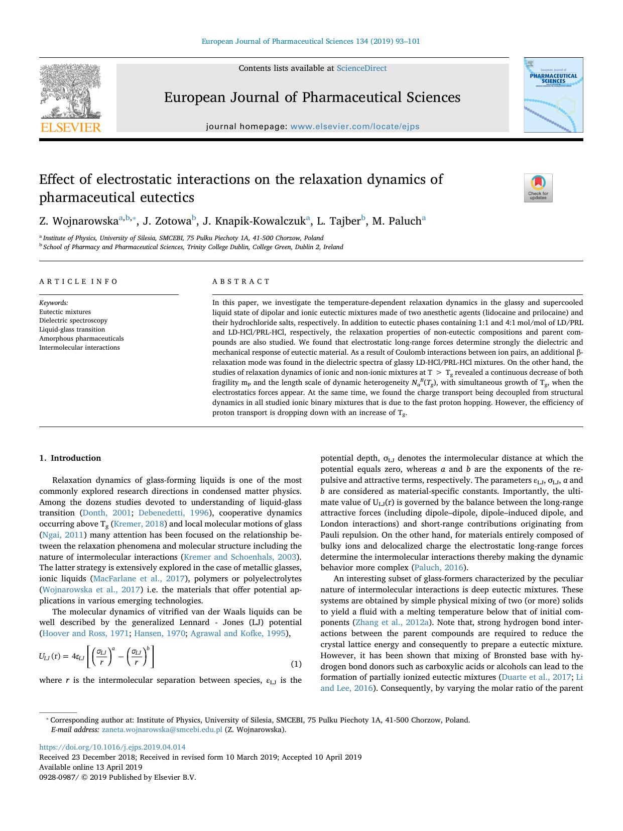 Effect of electrostatic interactions on the relaxation dynamics of pharmaceutical eutectics by Z. Wojnarowska