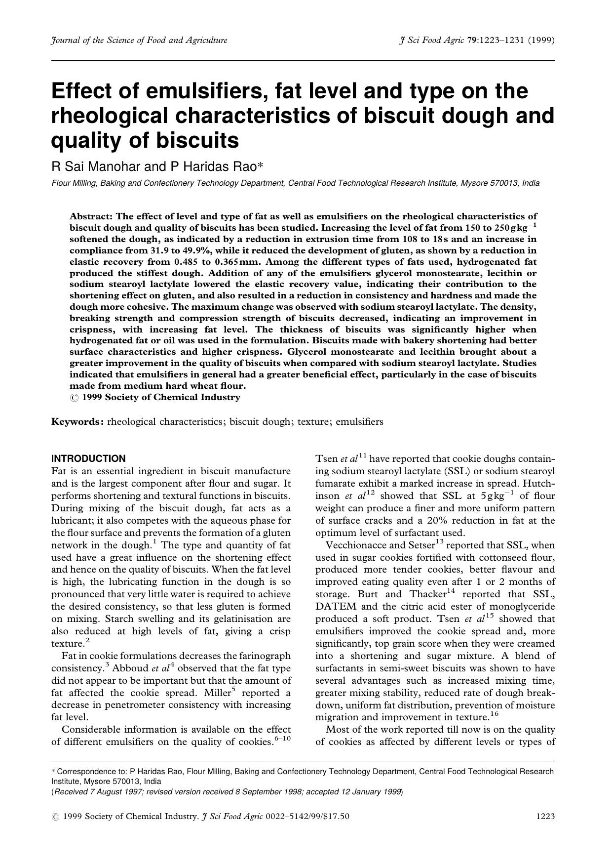 Effect of emulsifiers, fat level and type on the rheological characteristics of biscuit dough and quality of biscuits by Unknown