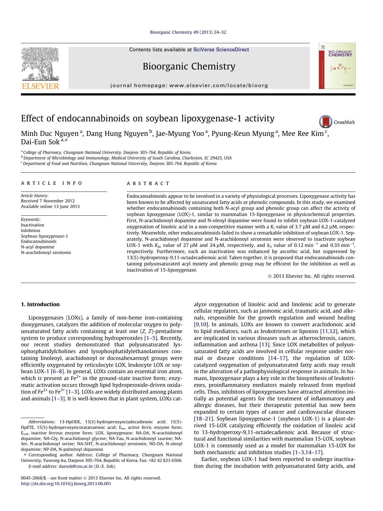 Effect of endocannabinoids on soybean lipoxygenase-1 activity by Minh Duc Nguyen & Dang Hung Nguyen & Jae-Myung Yoo & Pyung-Keun Myung & Mee Ree Kim & Dai-Eun Sok