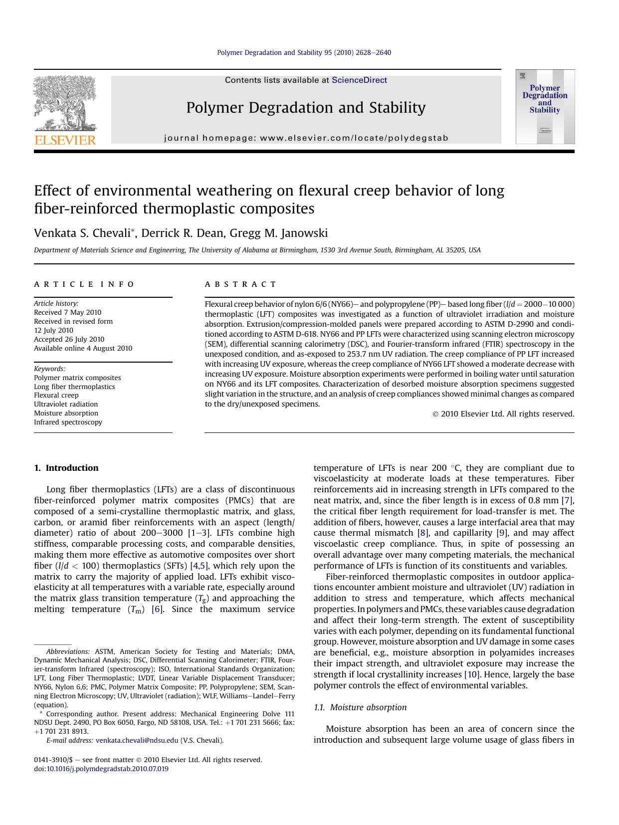 Effect of environmental weathering on flexural creep behavior of long fiber-reinforced thermoplastic composites by Venkata S. Chevali & Derrick R. Dean & Gregg M. Janowski