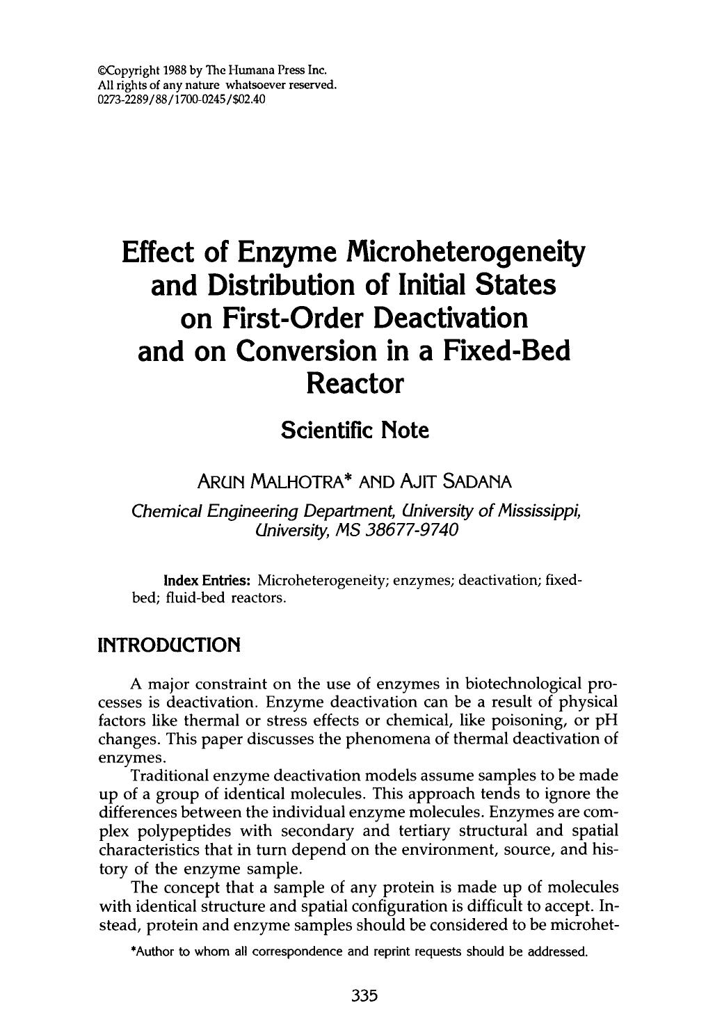 Effect of enzyme microheterogeneity and distribution of initial states on first-order deactivation and on conversion in a fixed-bed reactor by Unknown