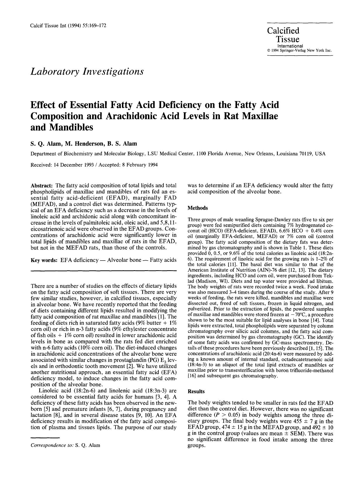 Effect of essential fatty acid deficiency on the fatty acid composition and arachidonic acid levels in rat maxillae and mandibles by Unknown