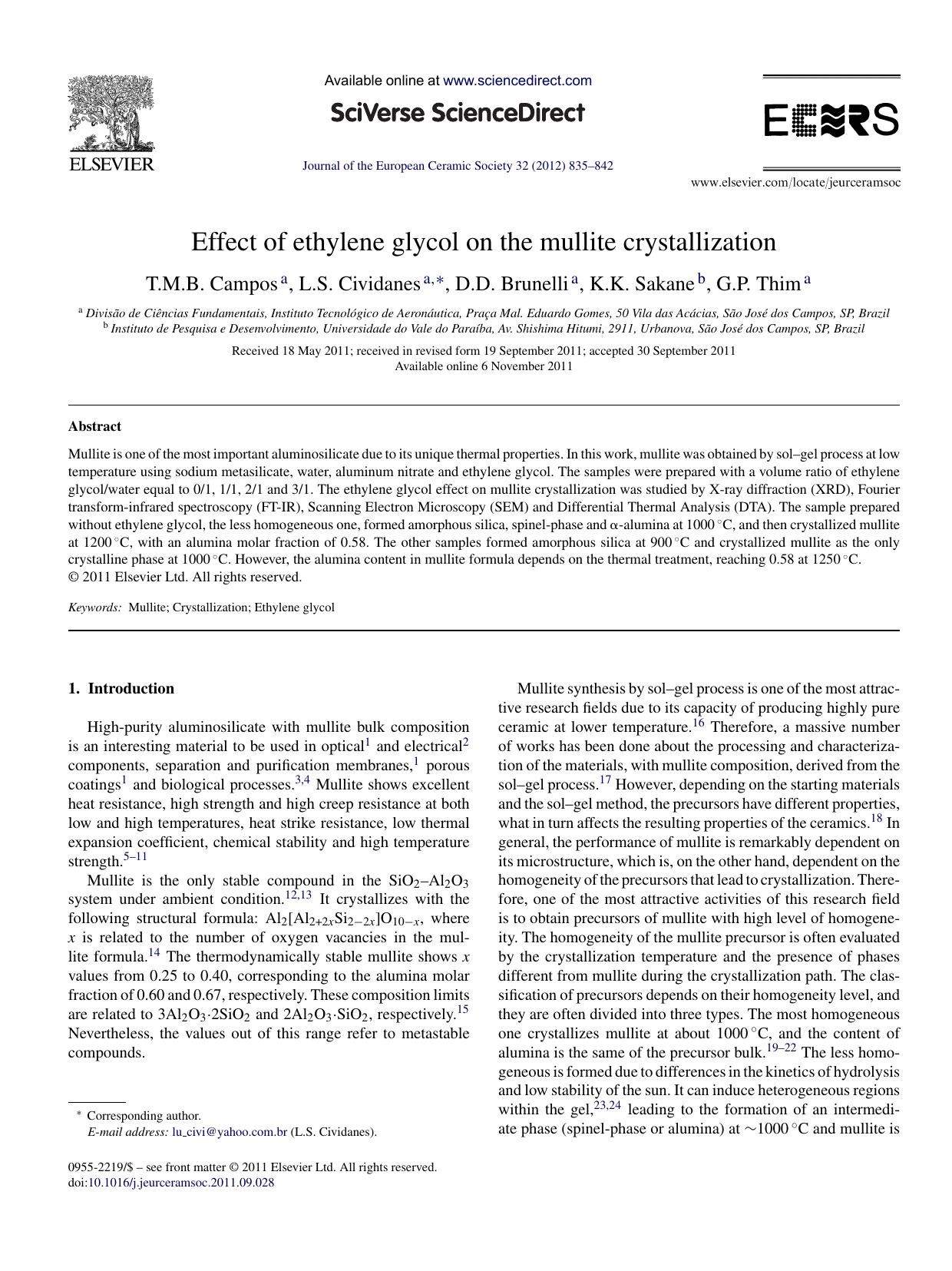 Effect of ethylene glycol on the mullite crystallization by T.M.B. Campos