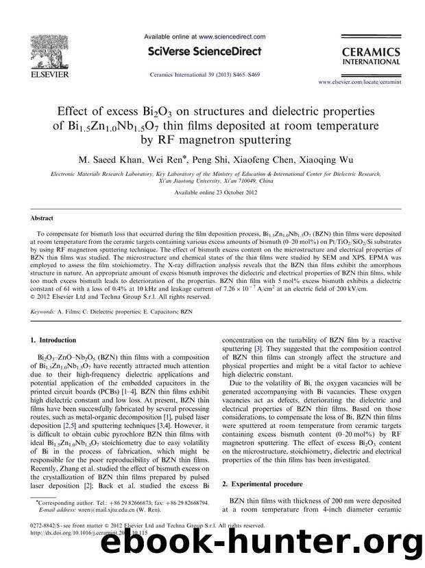 Effect of excess Bi2O3 on structures and dielectric properties of Bi1.5Zn1.0Nb1.5O7 thin films deposited at room temperature by RF magnetron sputtering by M. Saeed Khan & Wei Ren & Peng Shi & Xiaofeng Chen & Xiaoqing Wu