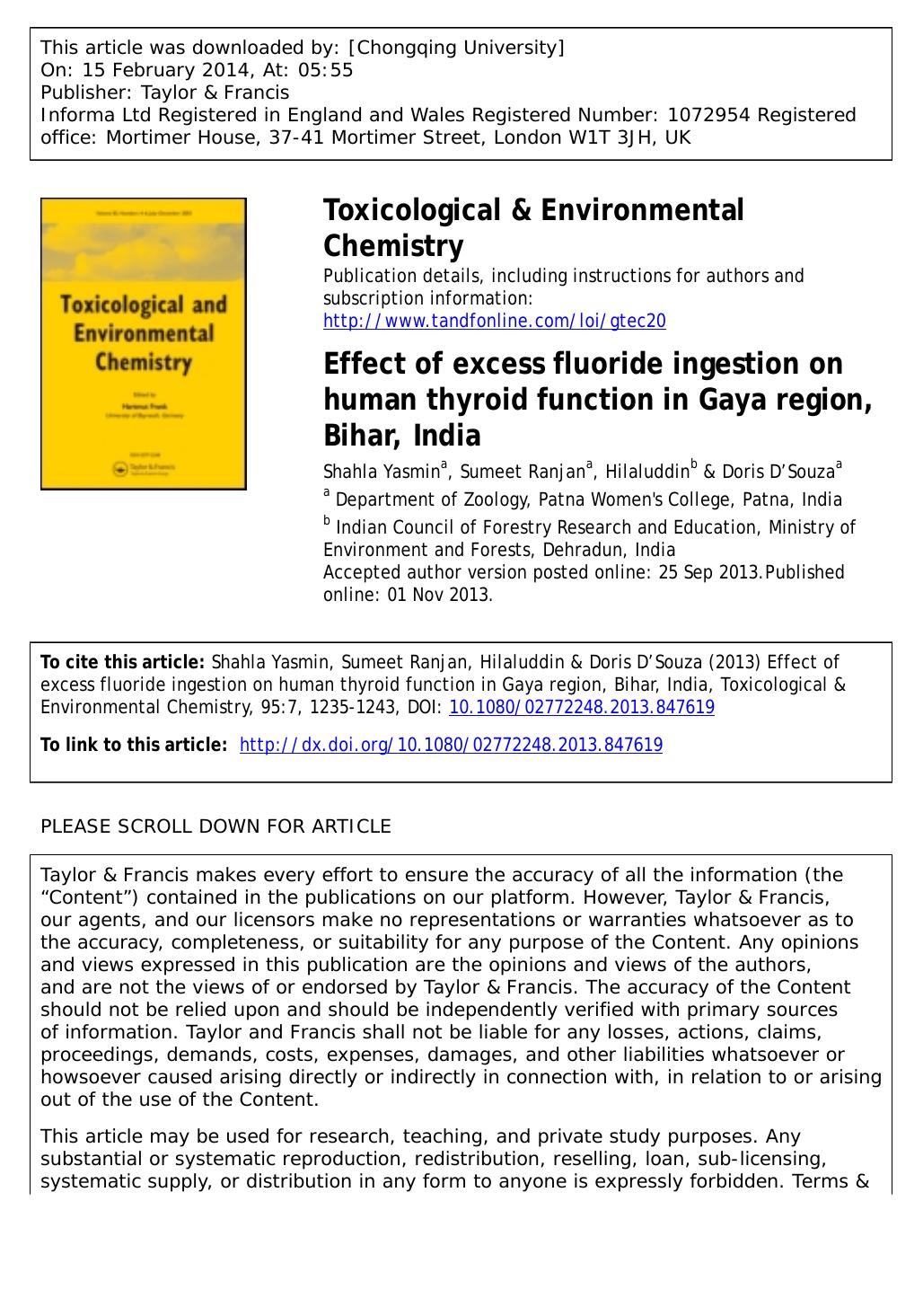 Effect of excess fluoride ingestion on human thyroid function in Gaya region, Bihar, India by Shahla Yasmin & Sumeet Ranjan & Hilaluddin & Doris D´Souza