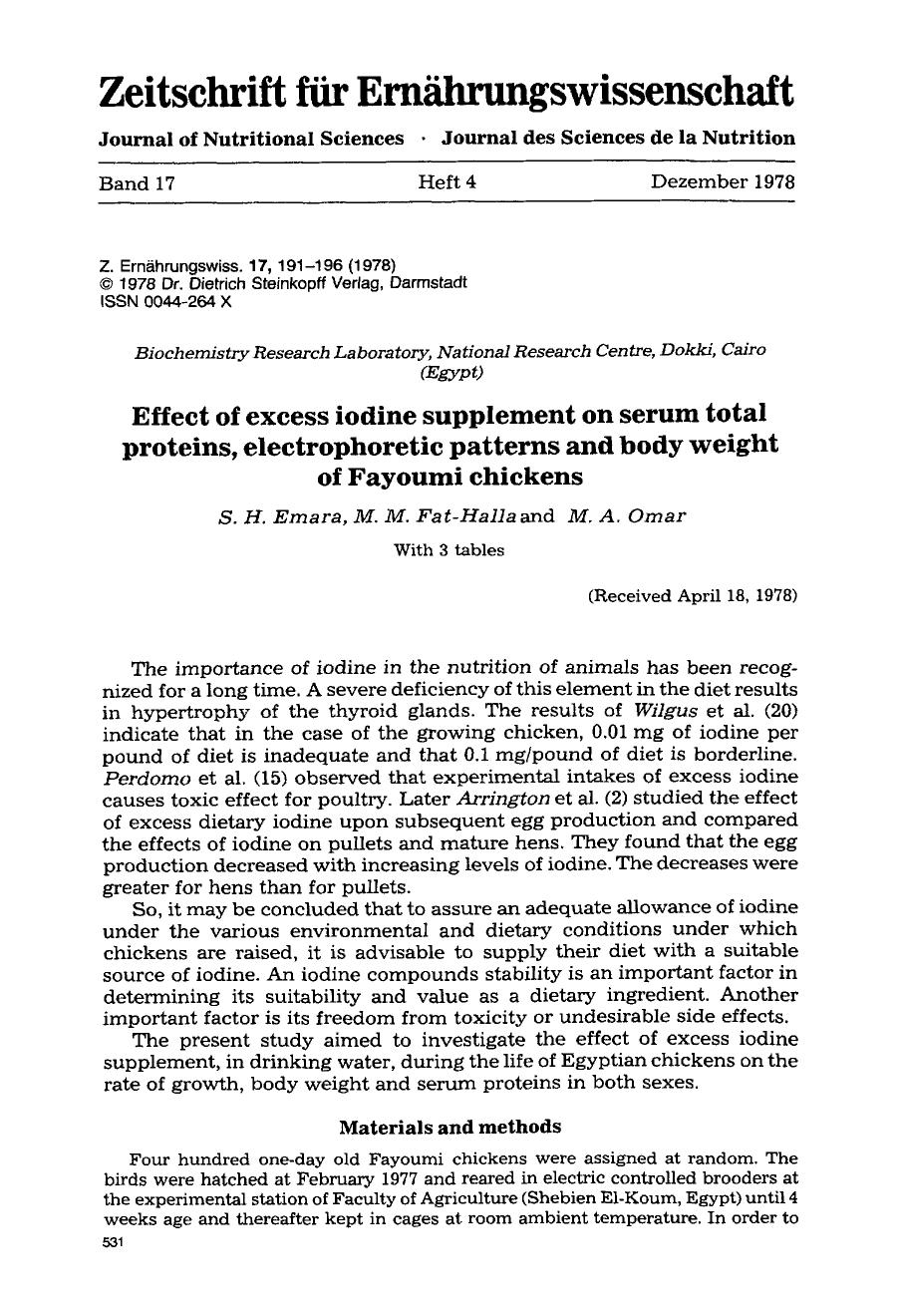 Effect of excess iodine supplement on serum total proteins, electrophoretic patterns and body weight of Fayoumi chickens by Unknown