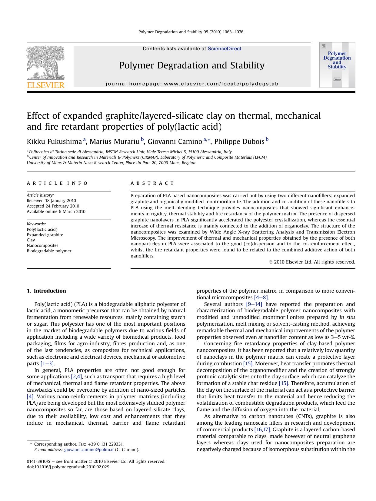 Effect of expanded graphitelayered-silicate clay on thermal, mechanical and fire retardant properties of poly(lactic acid) by Kikku Fukushima; Marius Murariu; Giovanni Camino; Philippe Dubois