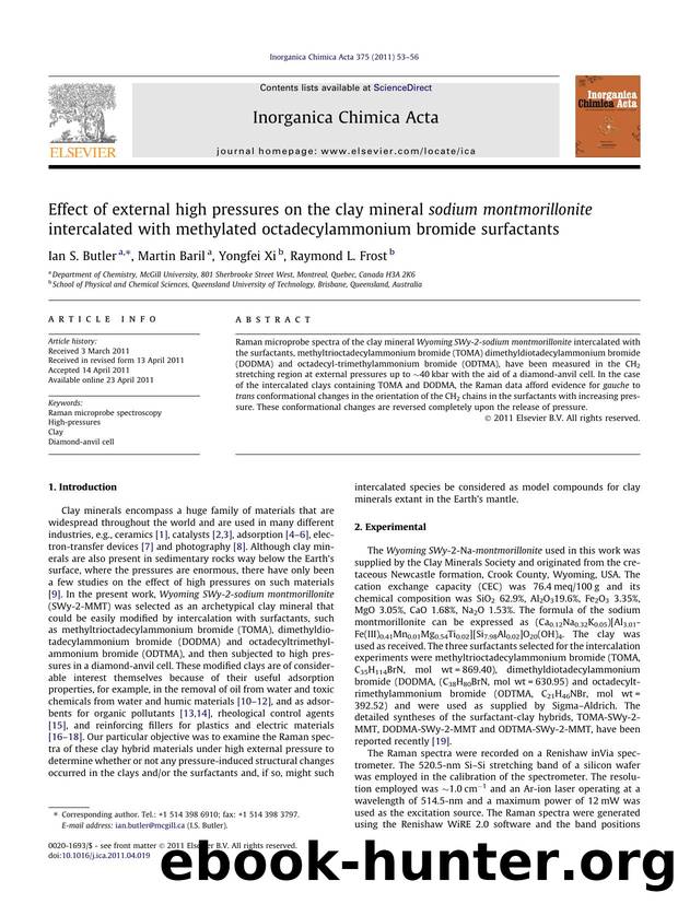 Effect of external high pressures on the clay mineral sodium montmorillonite intercalated with methylated octadecylammonium bromide surfactants by Ian S. Butler & Martin Baril & Yongfei Xi & Raymond L. Frost