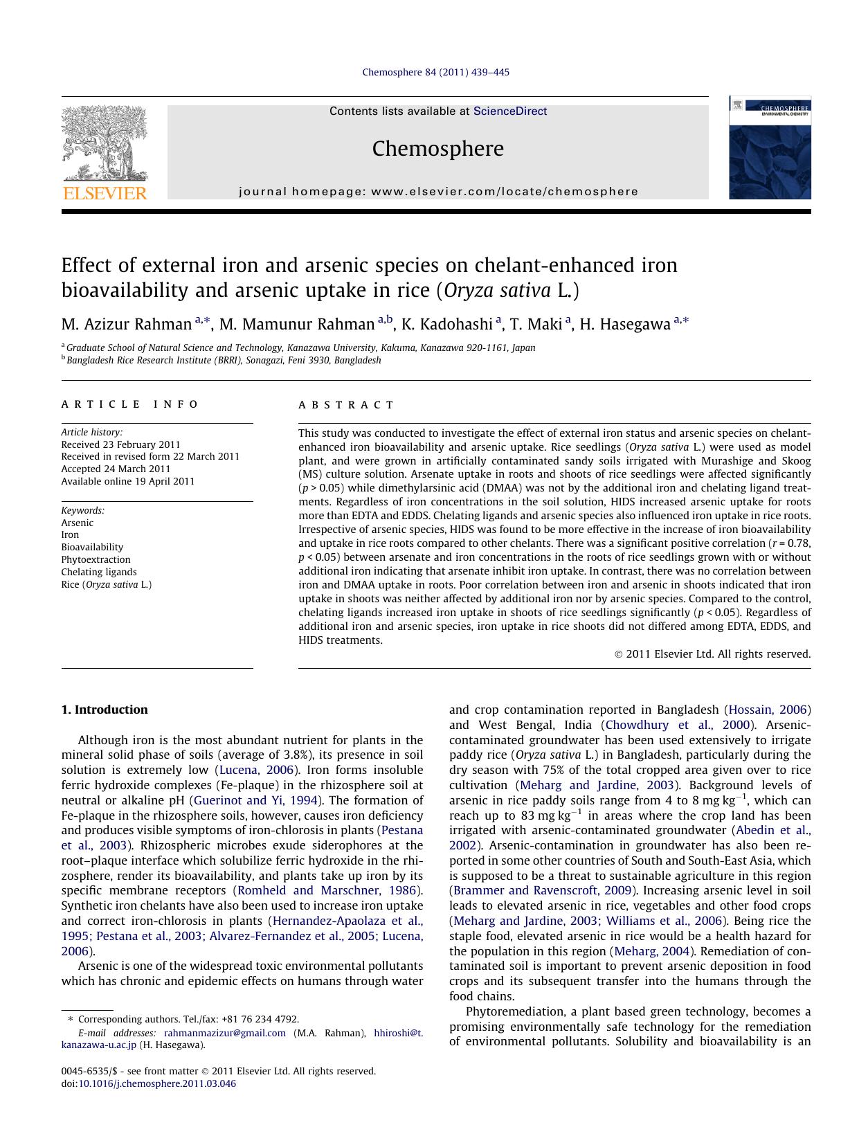 Effect of external iron and arsenic species on chelant-enhanced iron bioavailability and arsenic uptake in rice (Oryza sativa L.) by M. Azizur Rahman & M. Mamunur Rahman & K. Kadohashi & T. Maki & H. Hasegawa