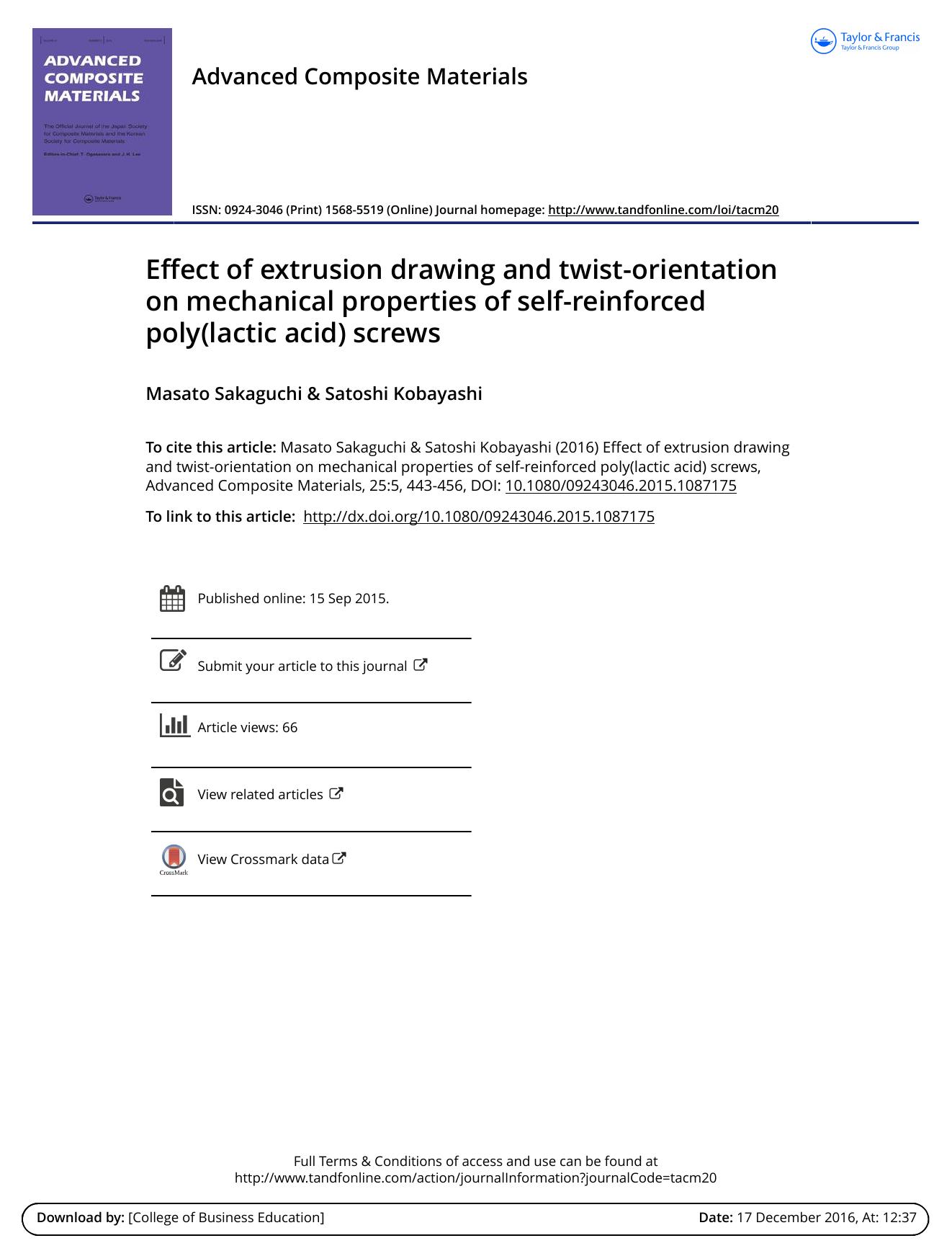 Effect of extrusion drawing and twist-orientation on mechanical properties of self-reinforced poly(lactic acid) screws by Masato Sakaguchi & Satoshi Kobayashi
