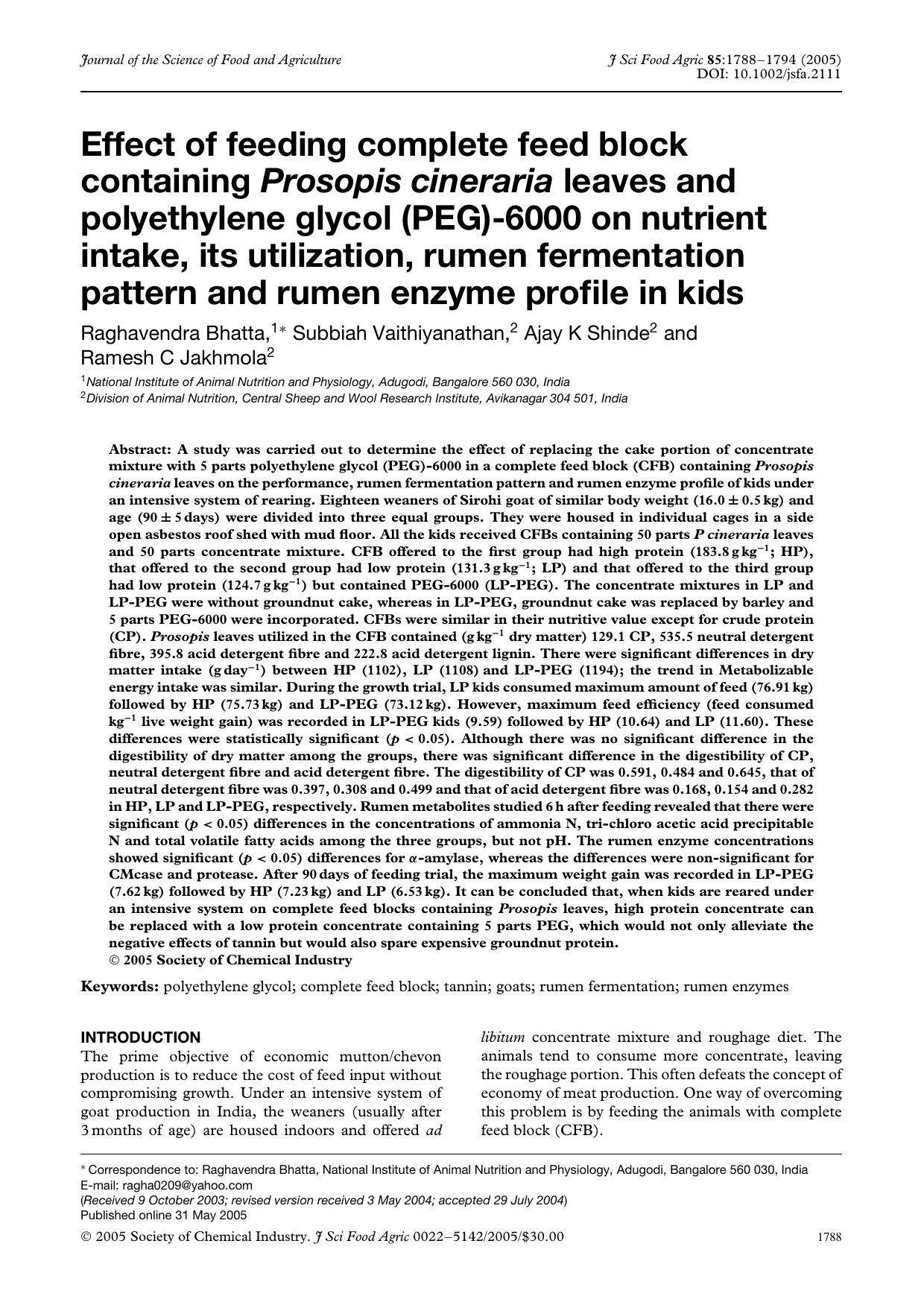 Effect of feeding complete feed block containing Prosopis cineraria leaves and polyethylene glycol (PEG)-6000 on nutrient intake, its utilization, rumen fermentation pattern and ru by Unknown